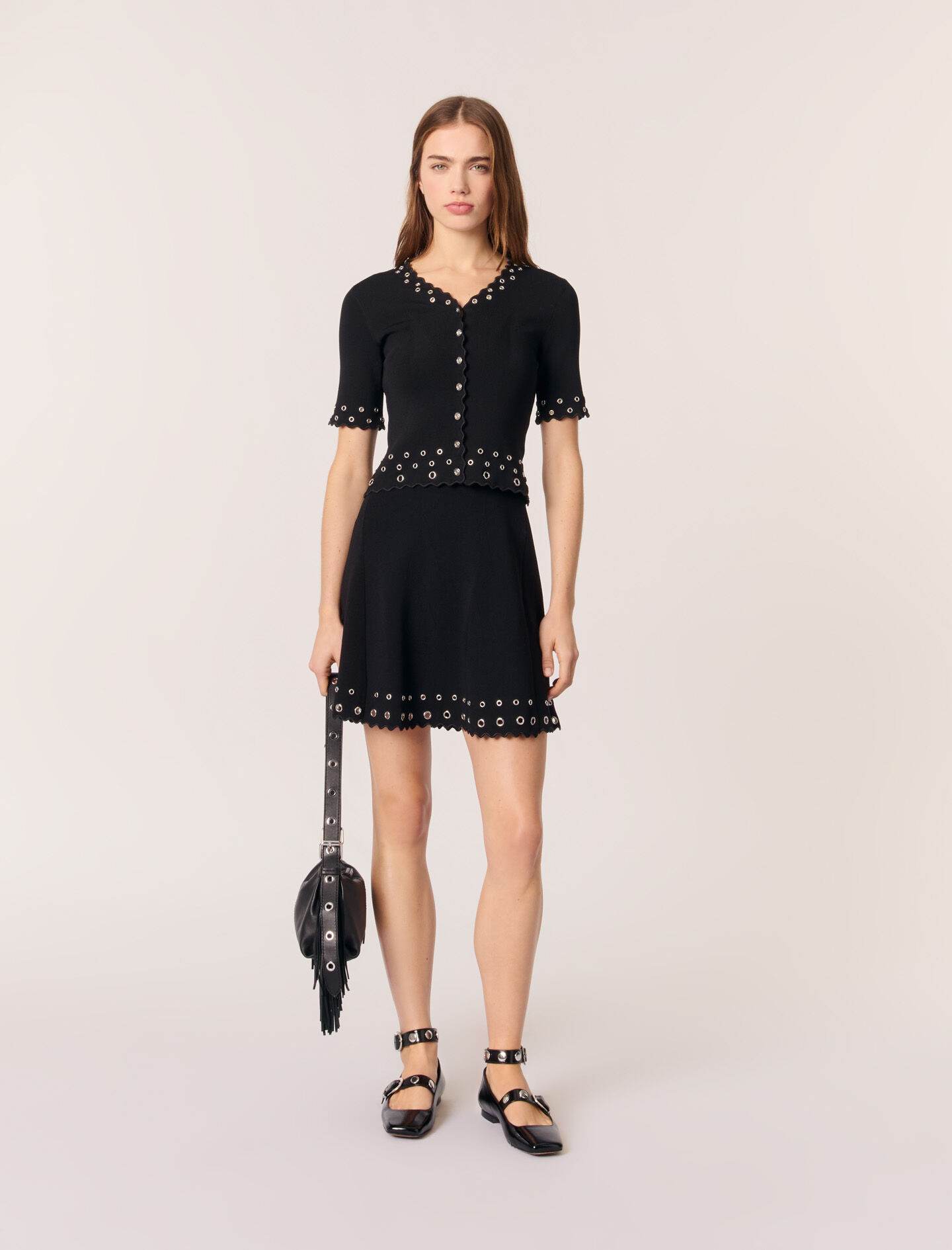 Cropped cardigan with eyelets