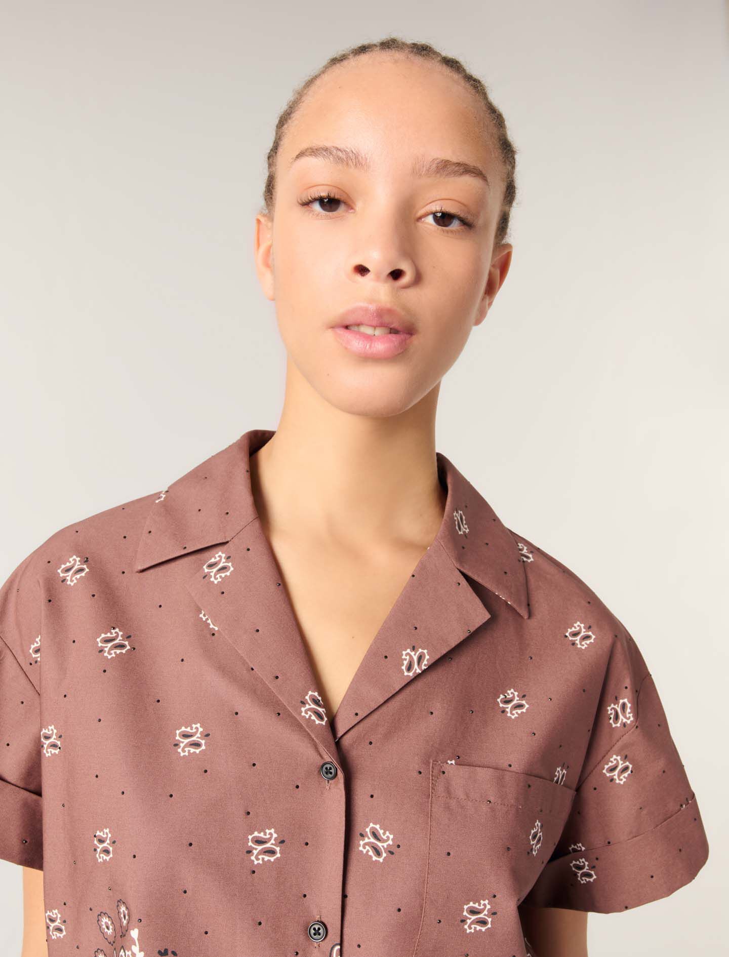 Patterned rhinestone cropped shirt