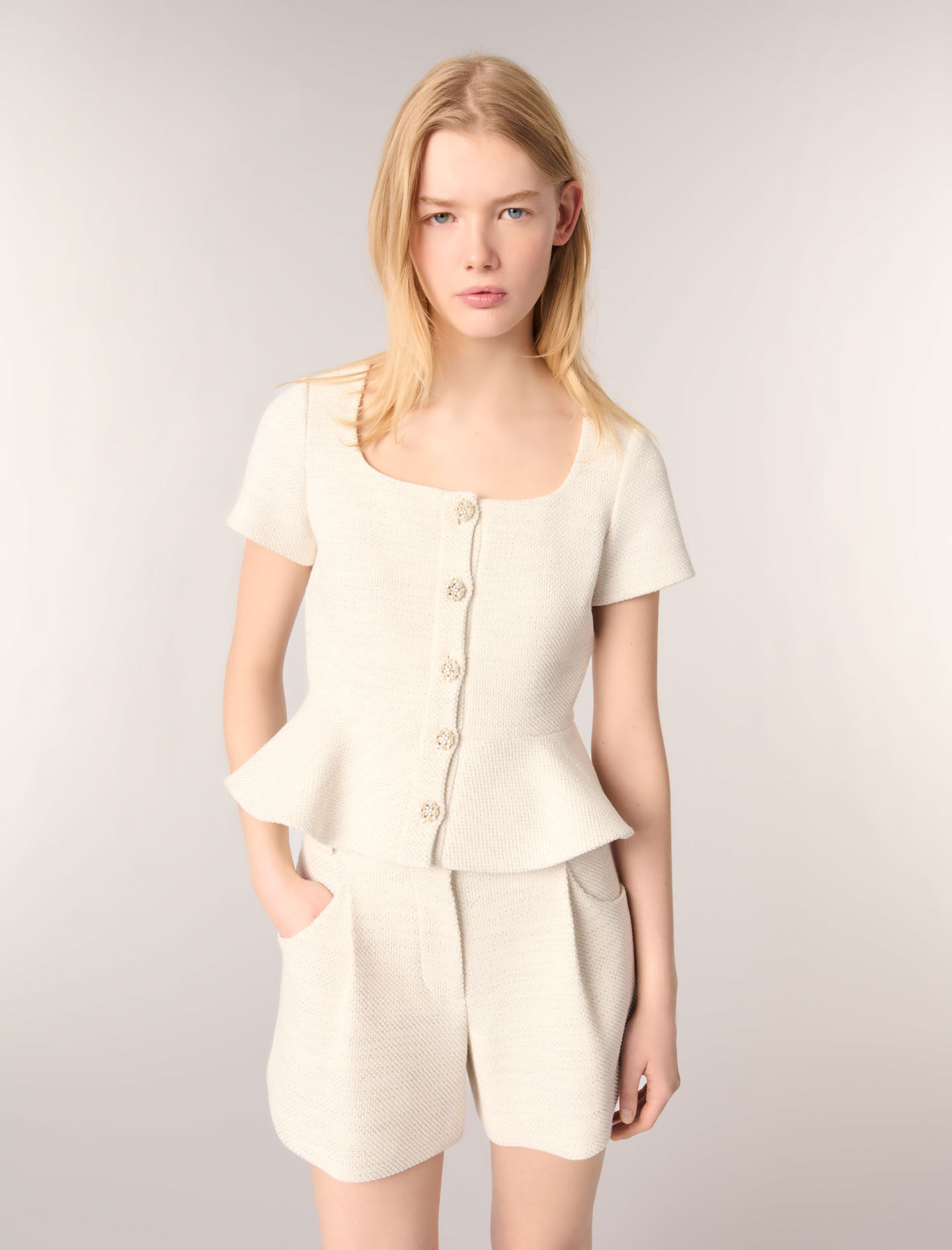 Tweed and lurex peplum top