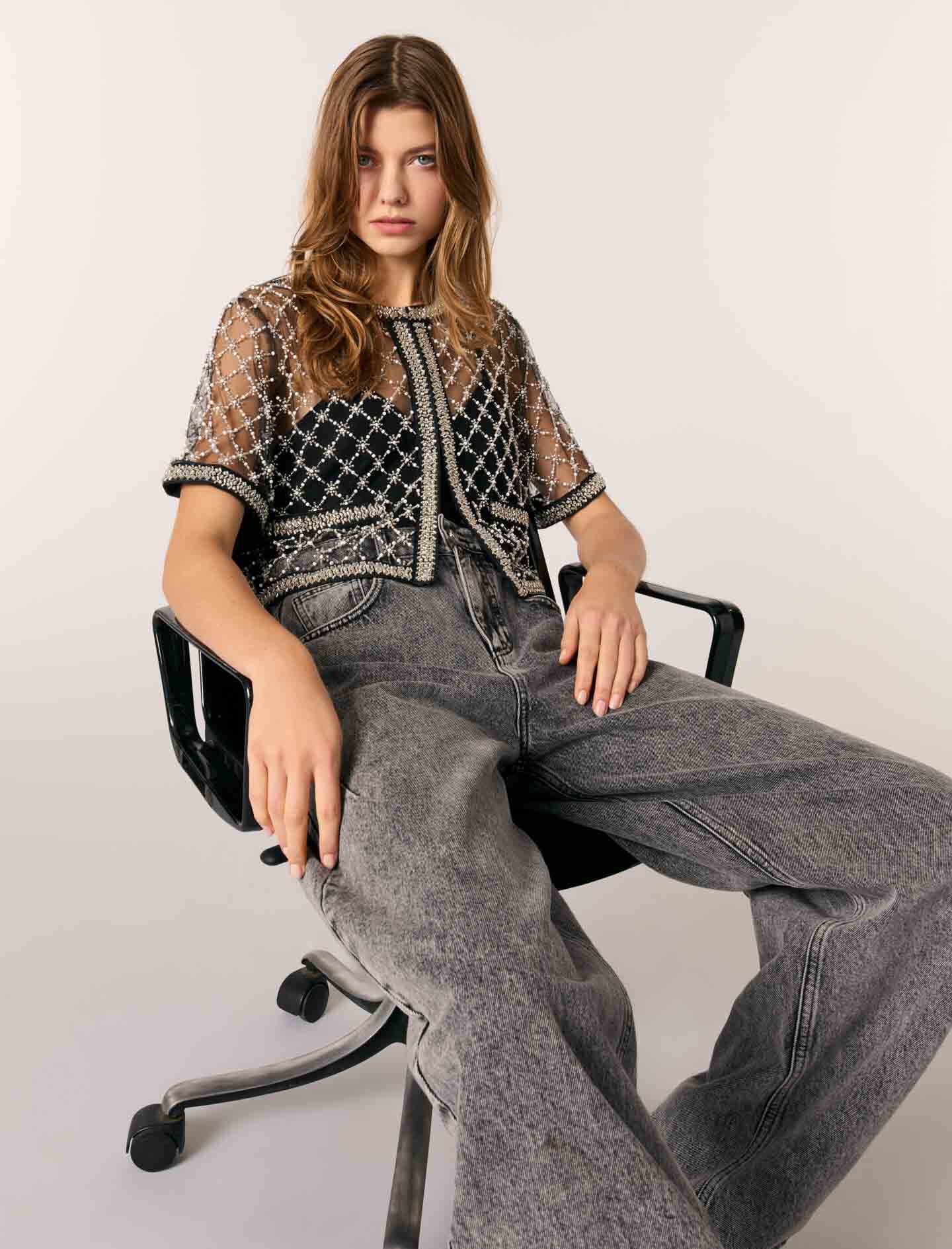 Embroidered tulle top