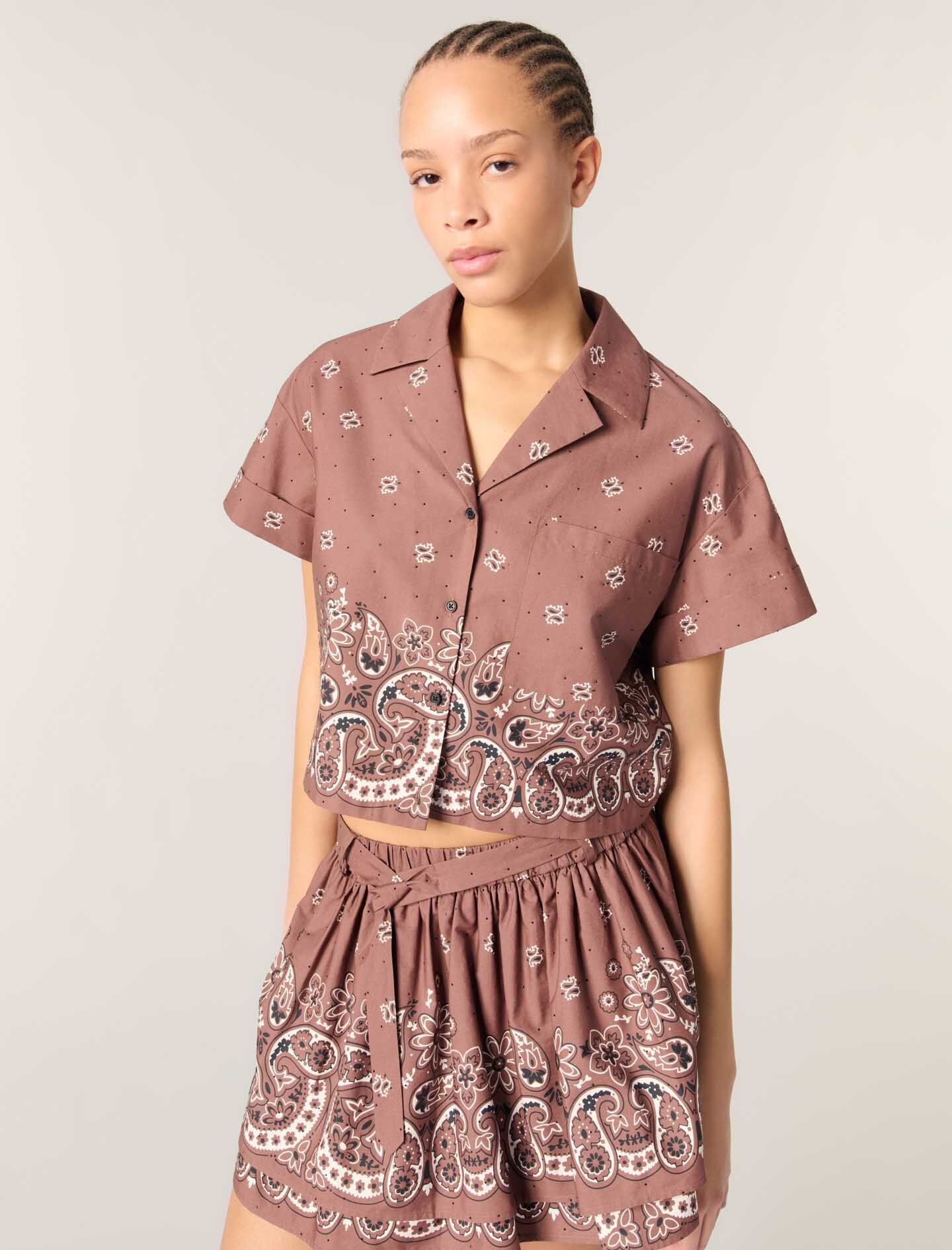 Patterned rhinestone cropped shirt