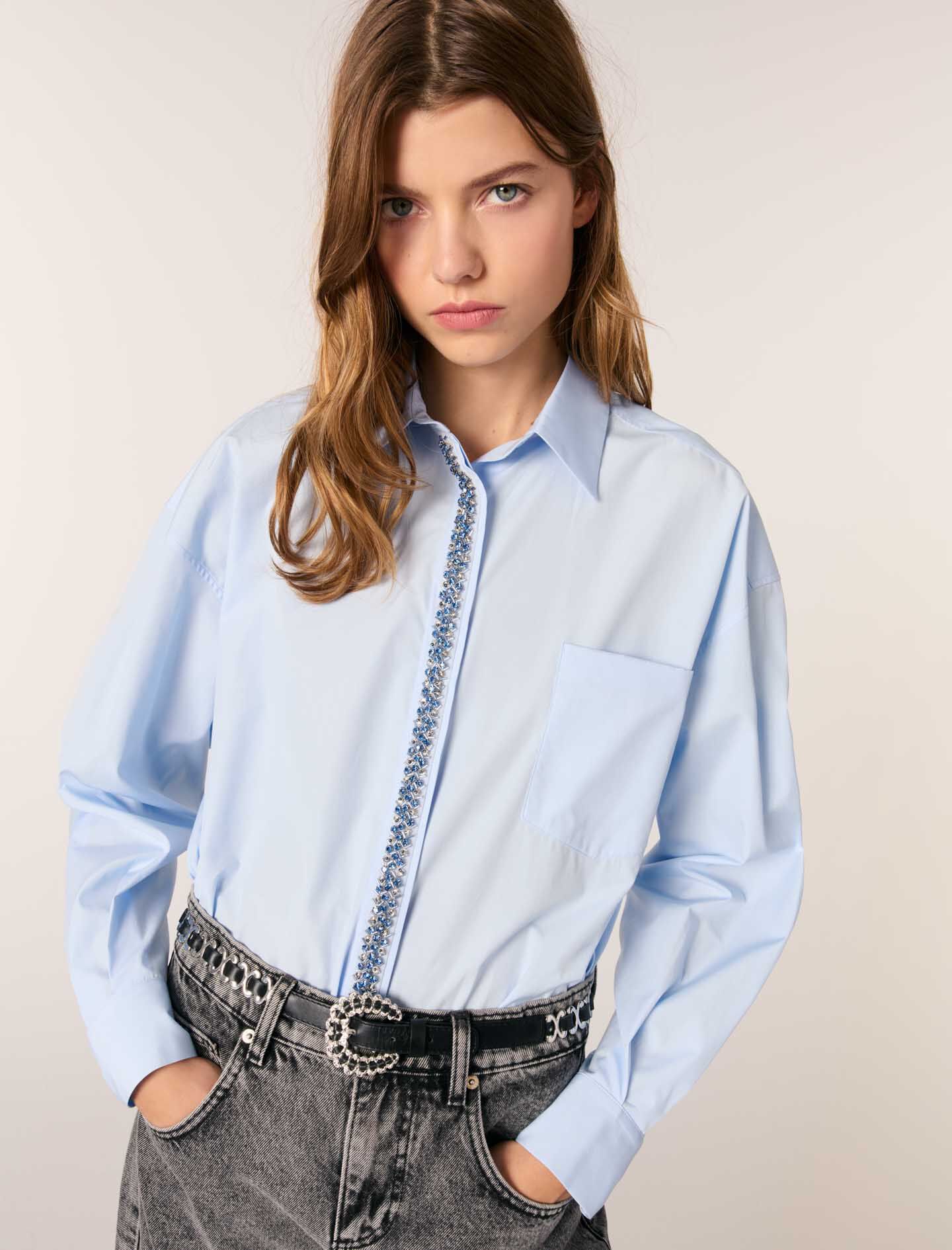 Poplin shirt with rhinestones