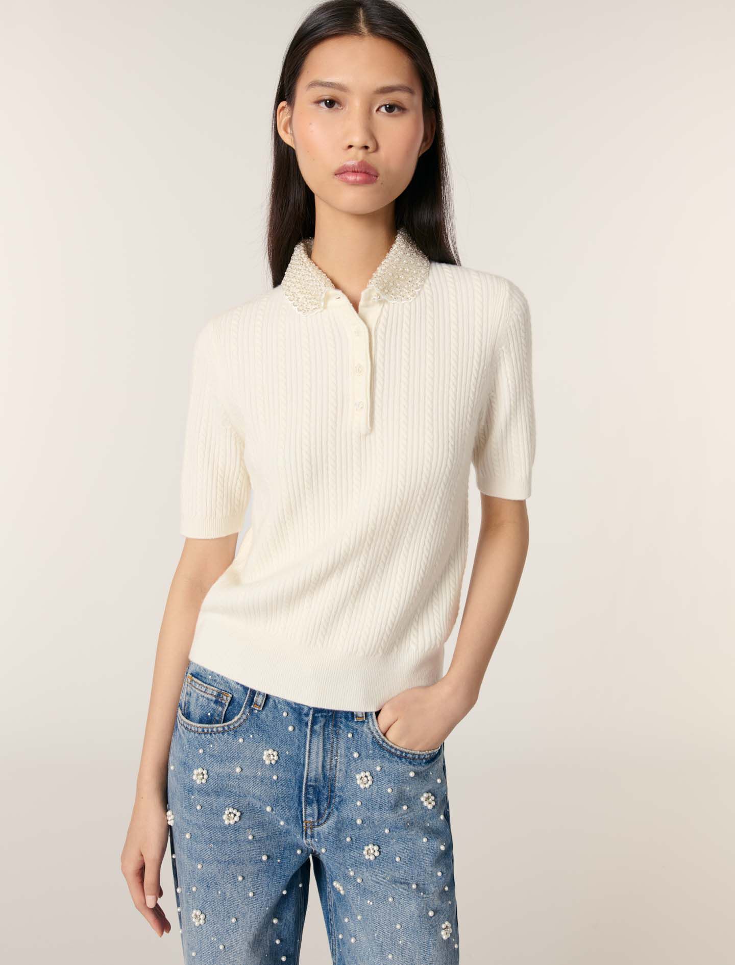 Removable collar knit polo shirt