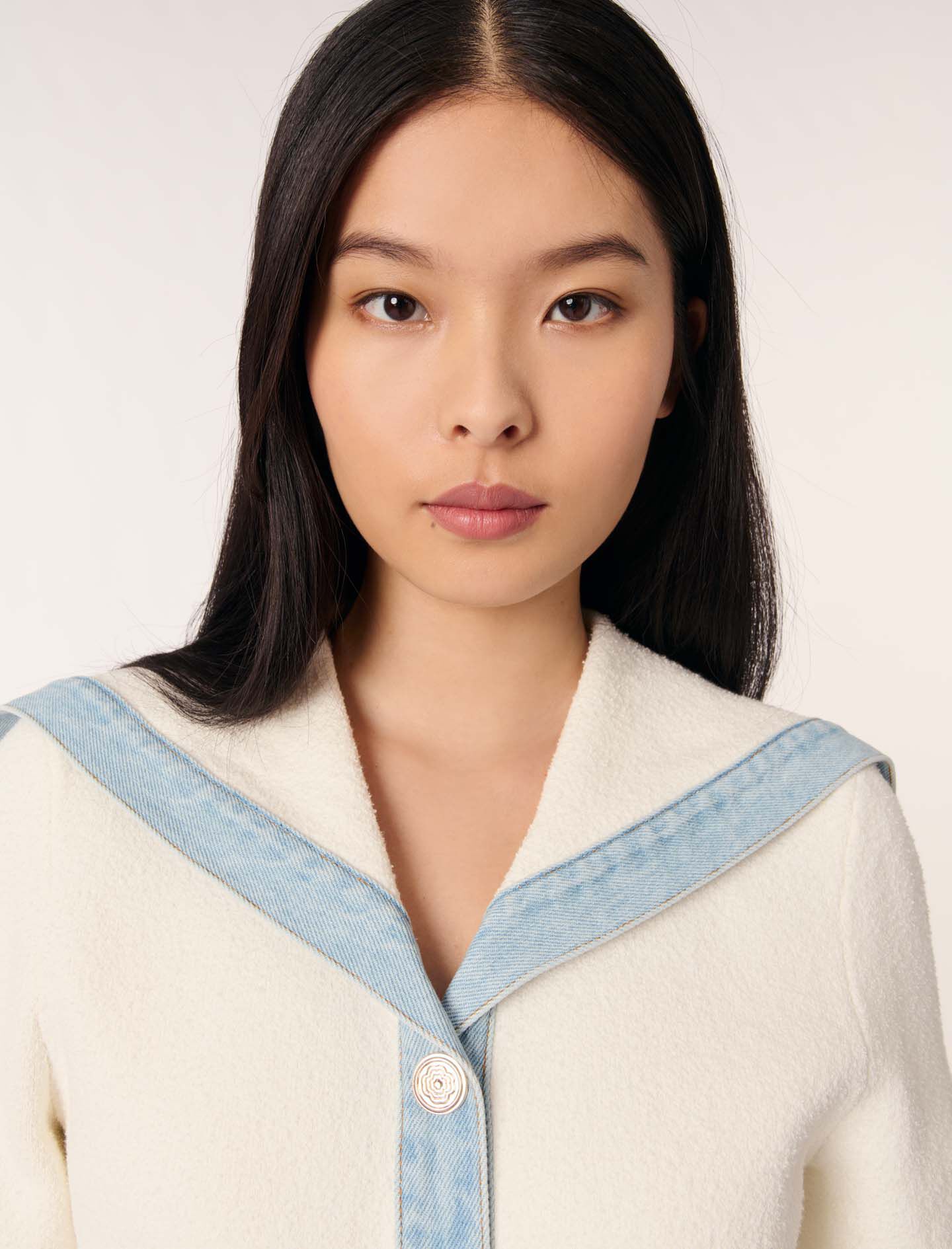 Crew-neck denim-detail cardigan