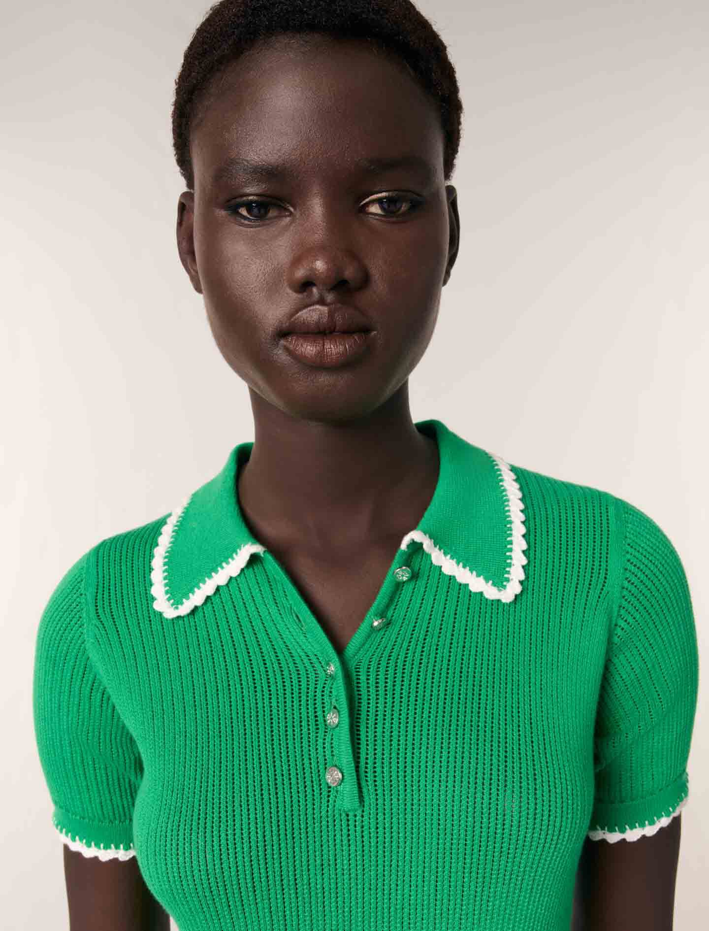 Pointelle knit crochet polo shirt