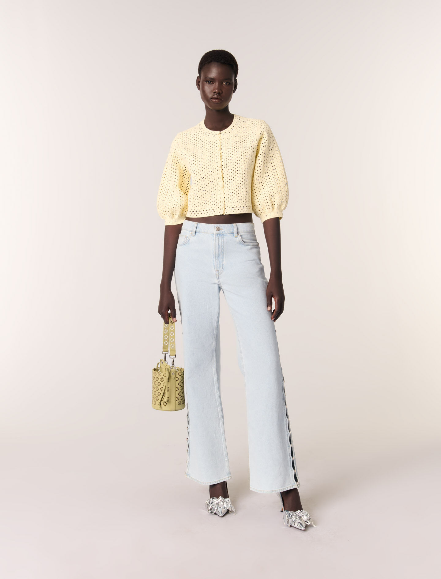 Cropped rhinestone crochet cardigan