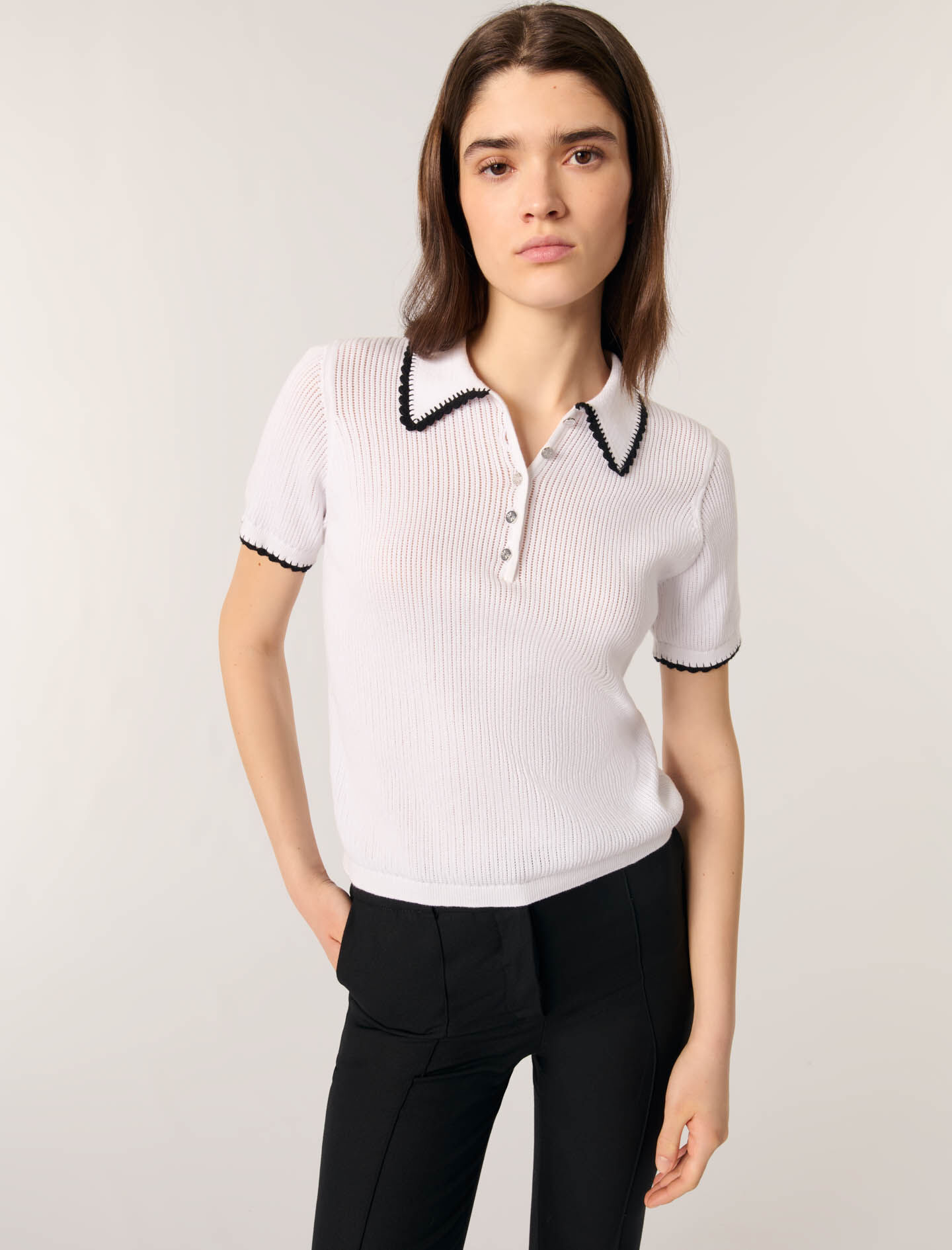 Pointelle knit crochet polo shirt