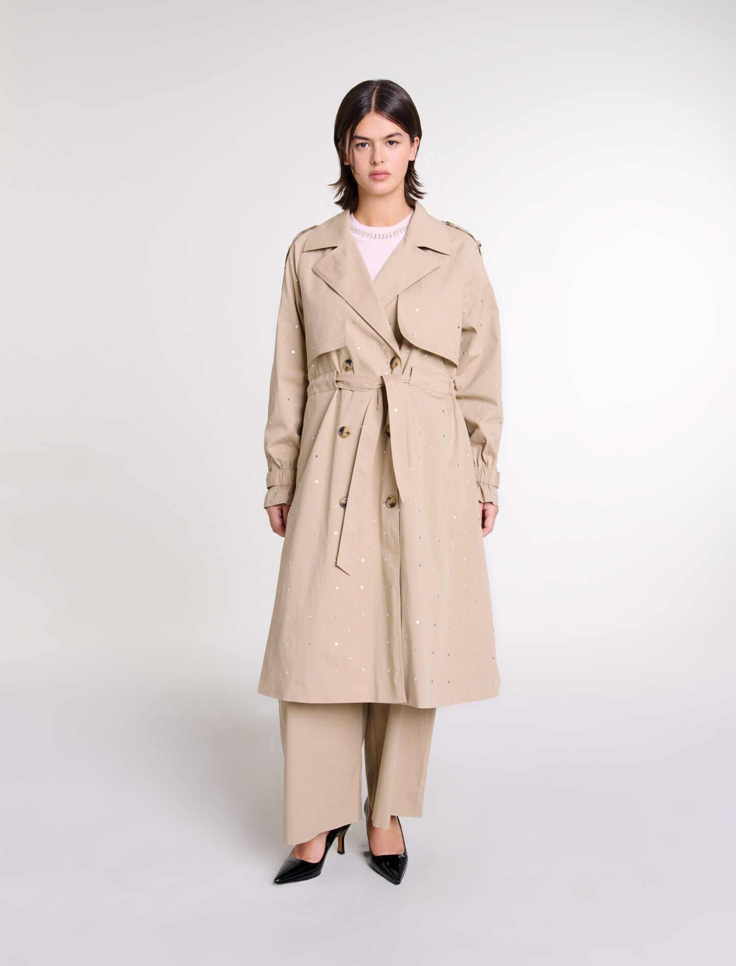 Studded elastic waist trench coat