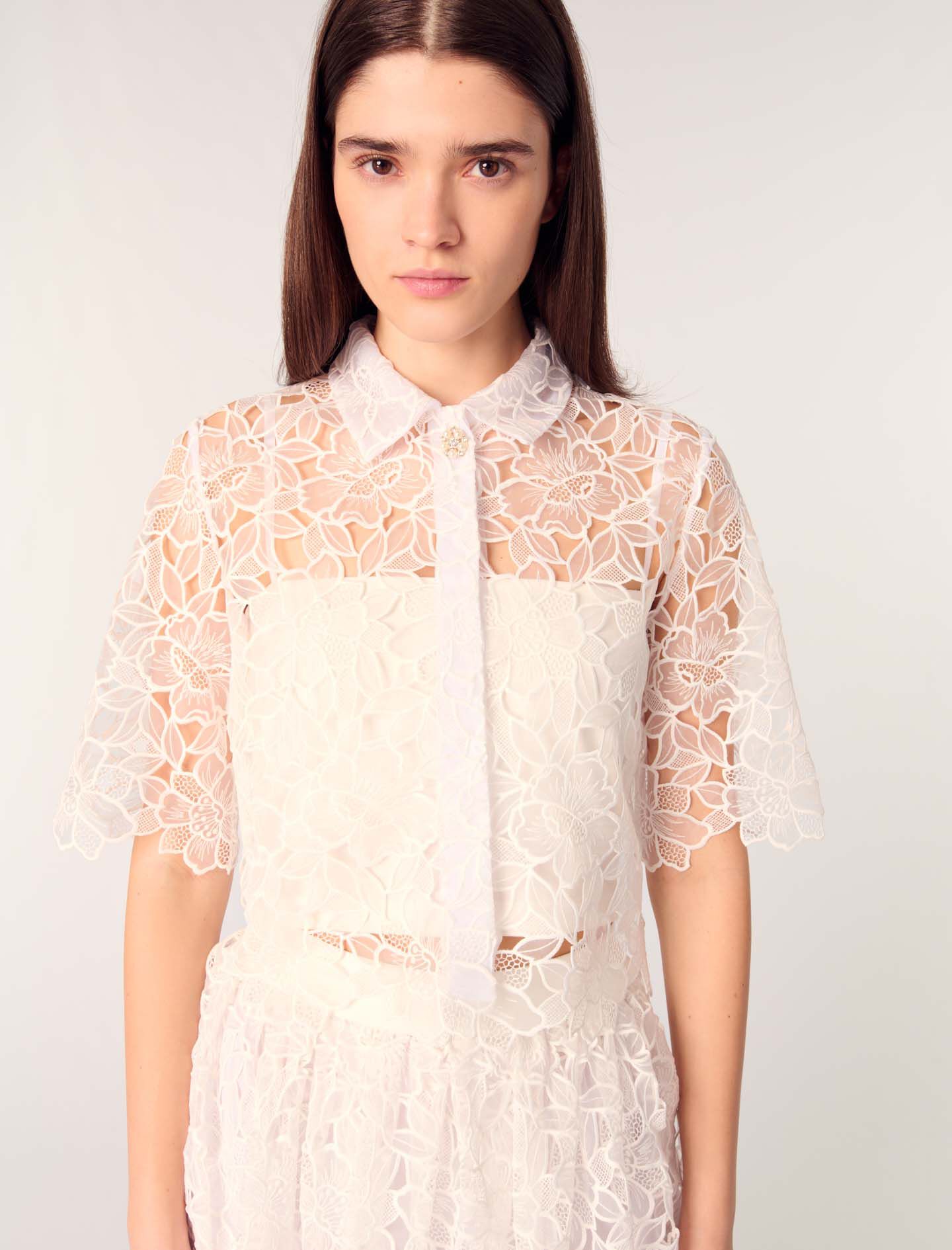 Cropped floral guipure shirt