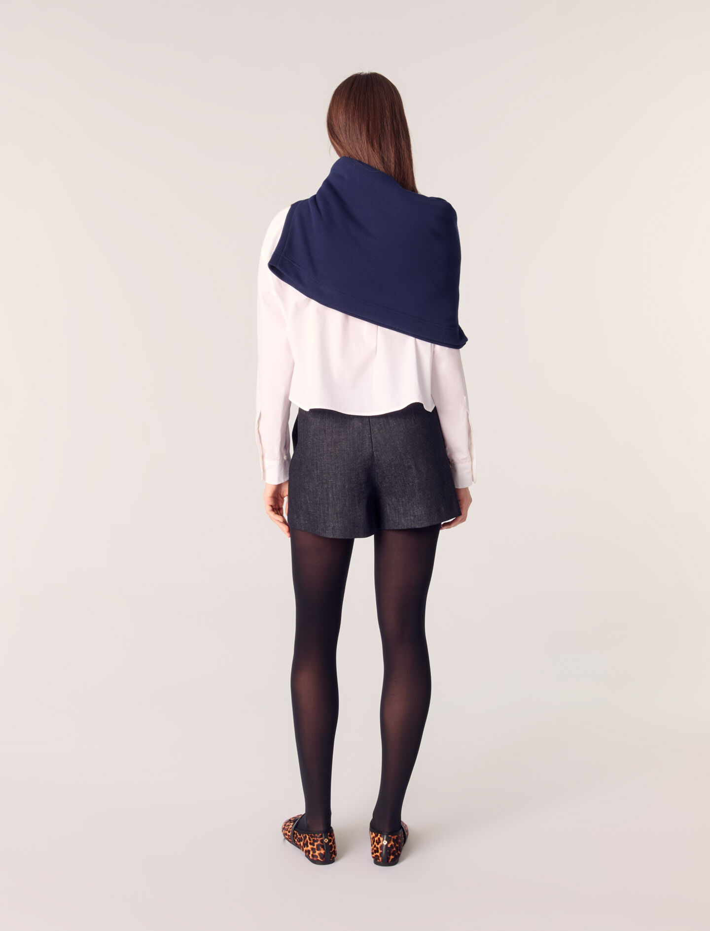 Layered-effect pleated denim shorts