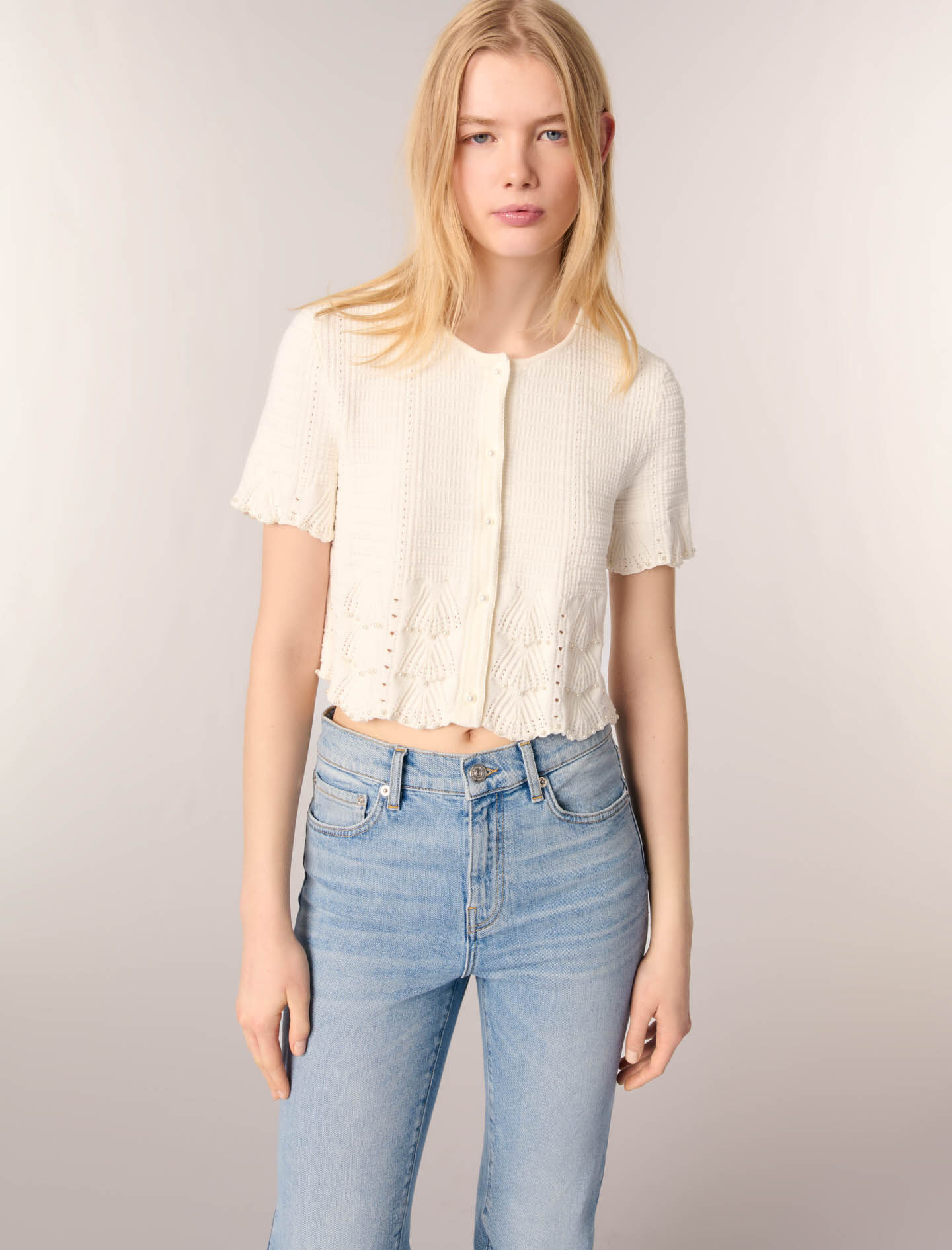 Beaded pointelle knit cardigan