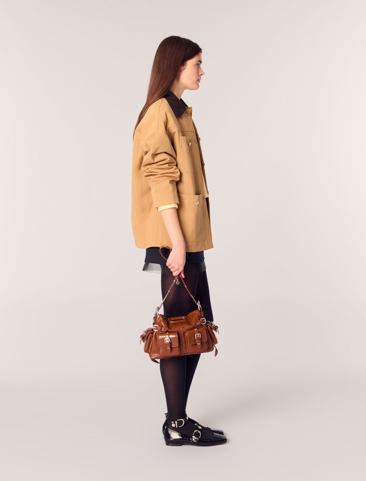 Cotton coat with leather collar