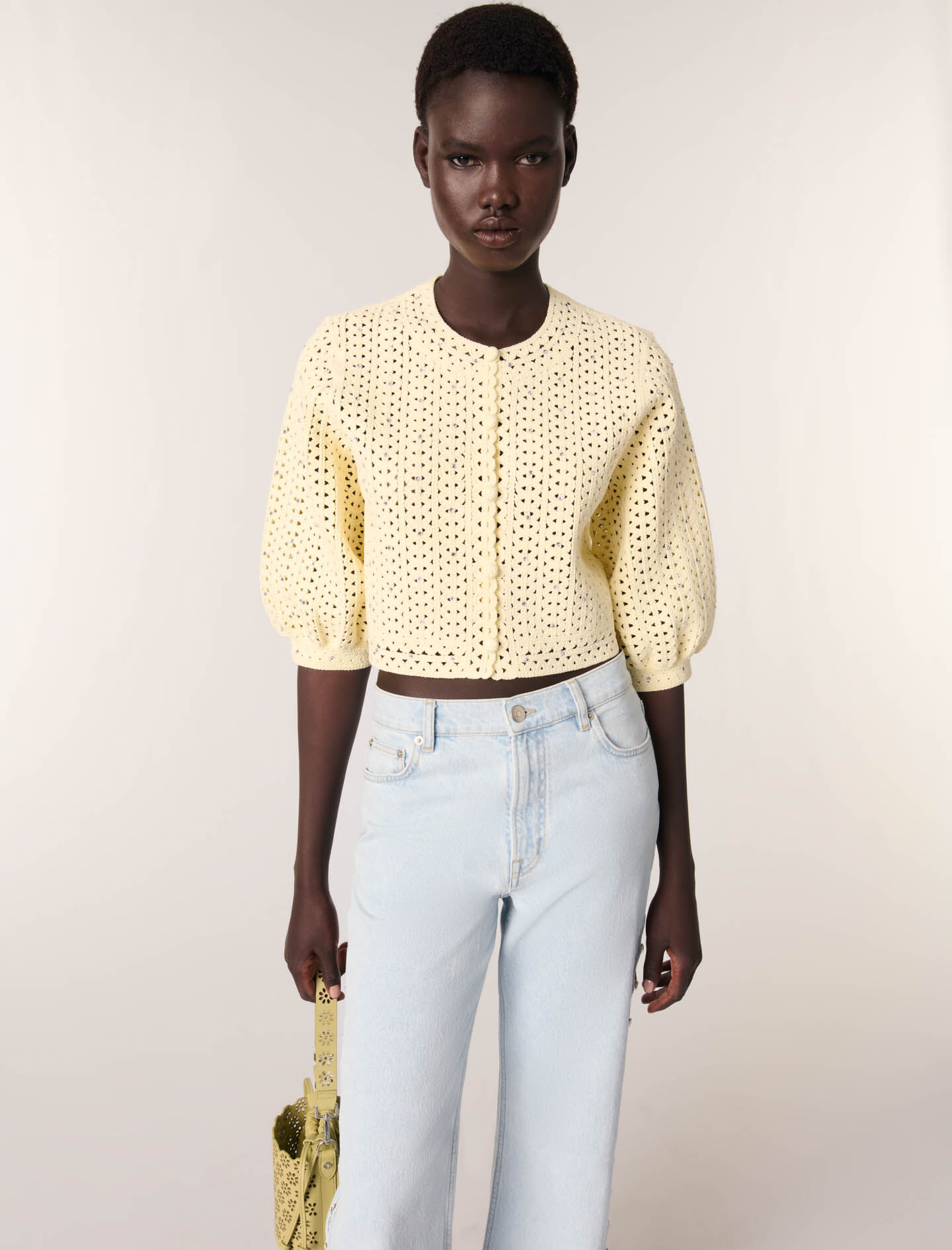 Cropped rhinestone crochet cardigan