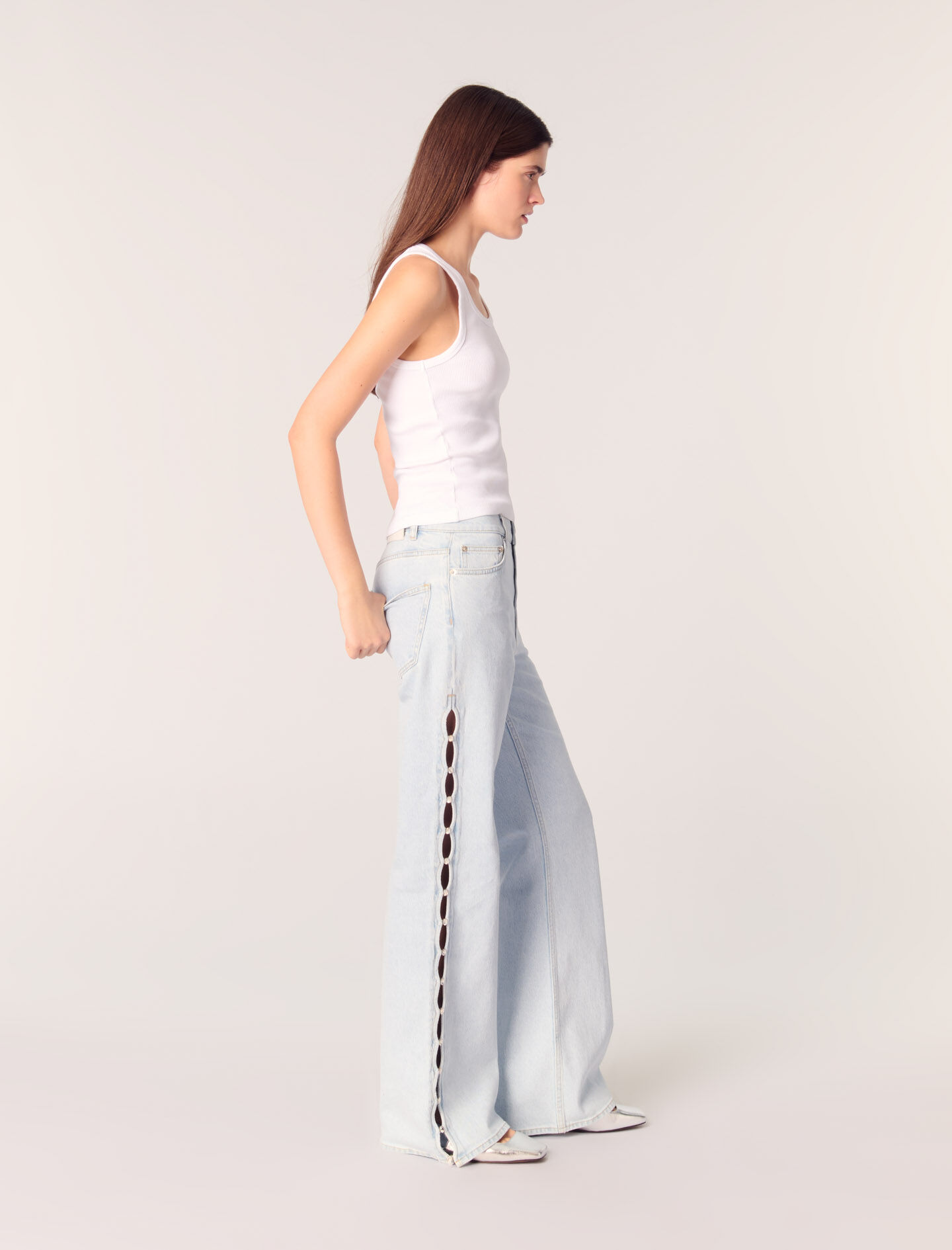 Wide-leg rhinestone cutaway jeans