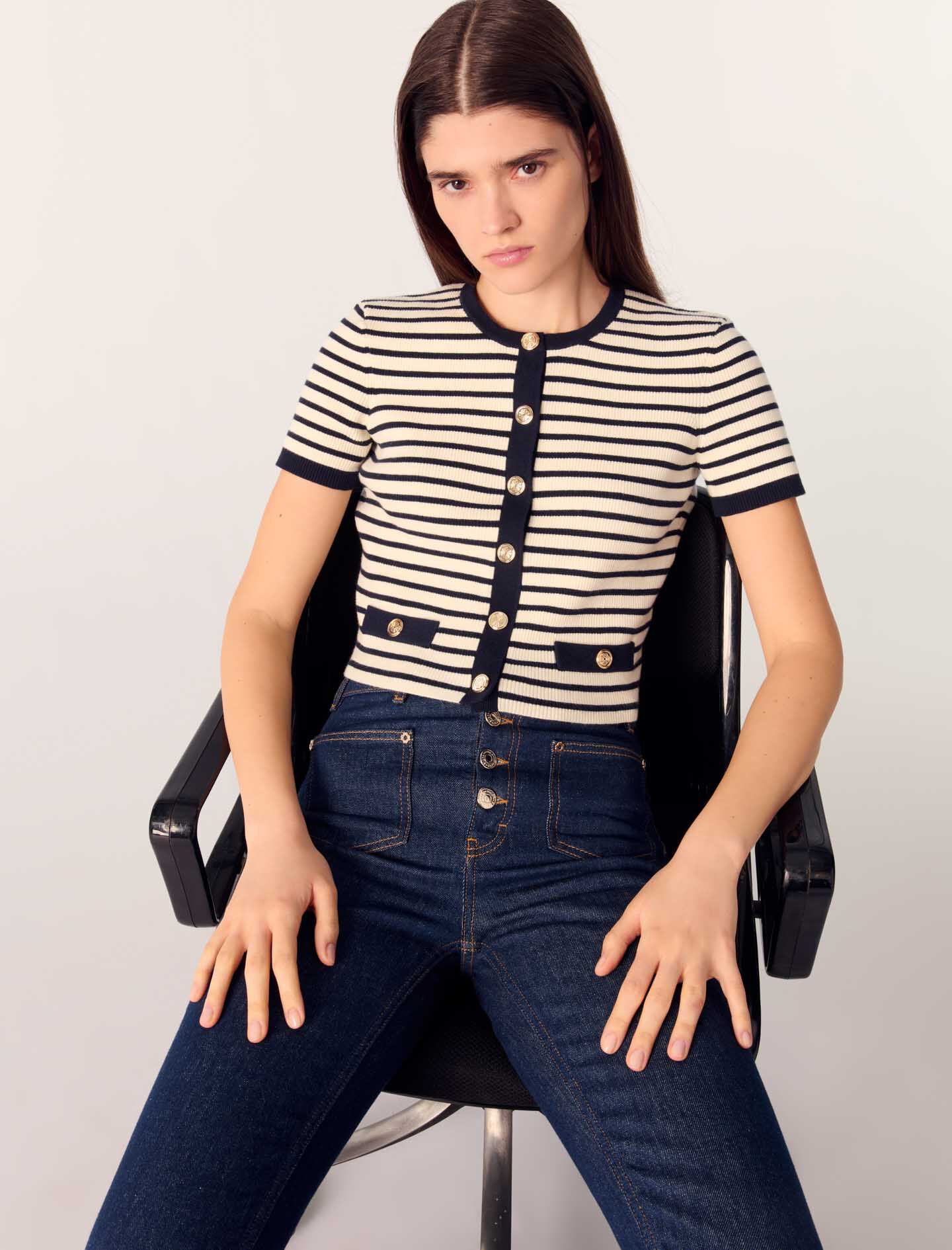 Cropped rib knit cardigan