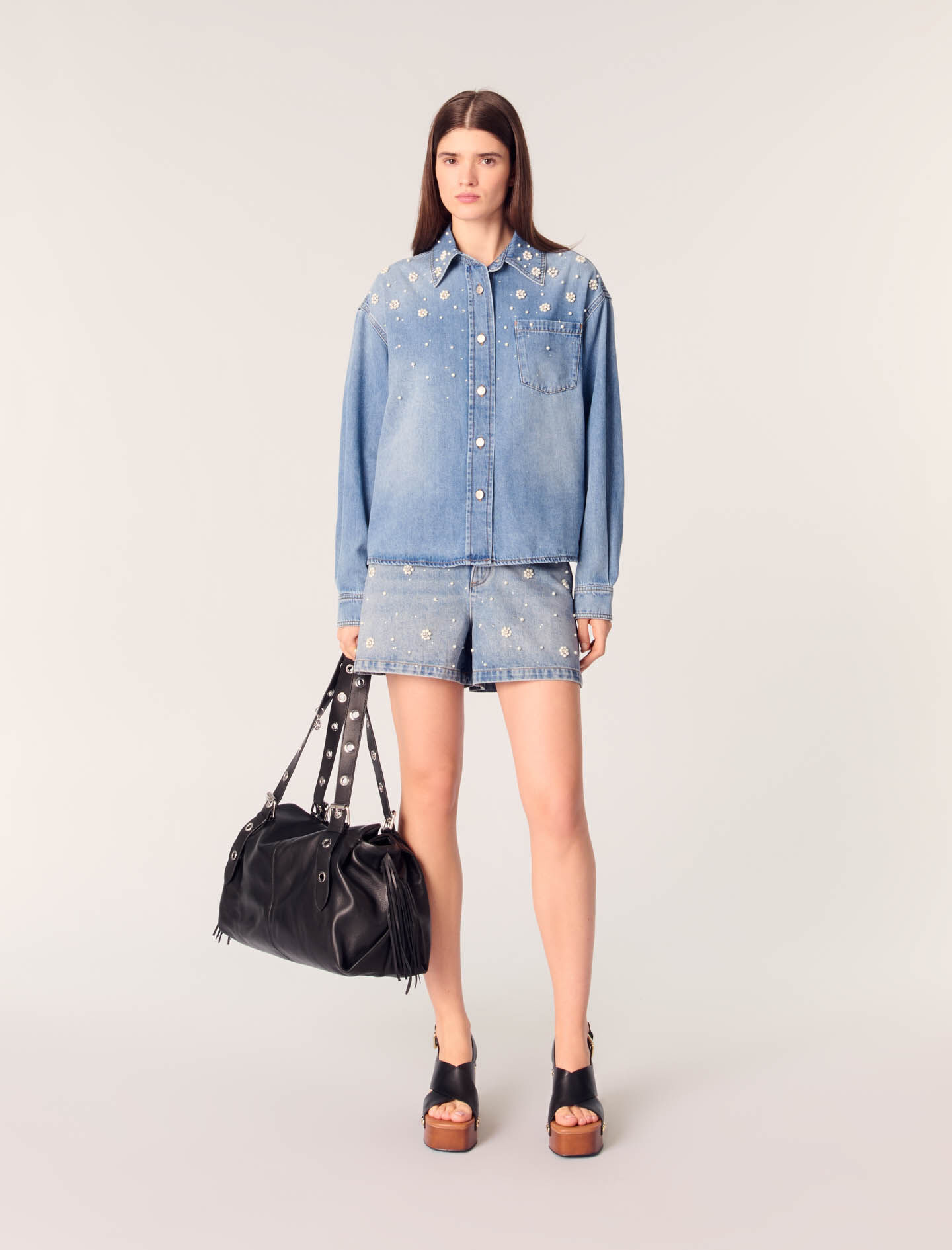 Denim shirt with embroidered beads