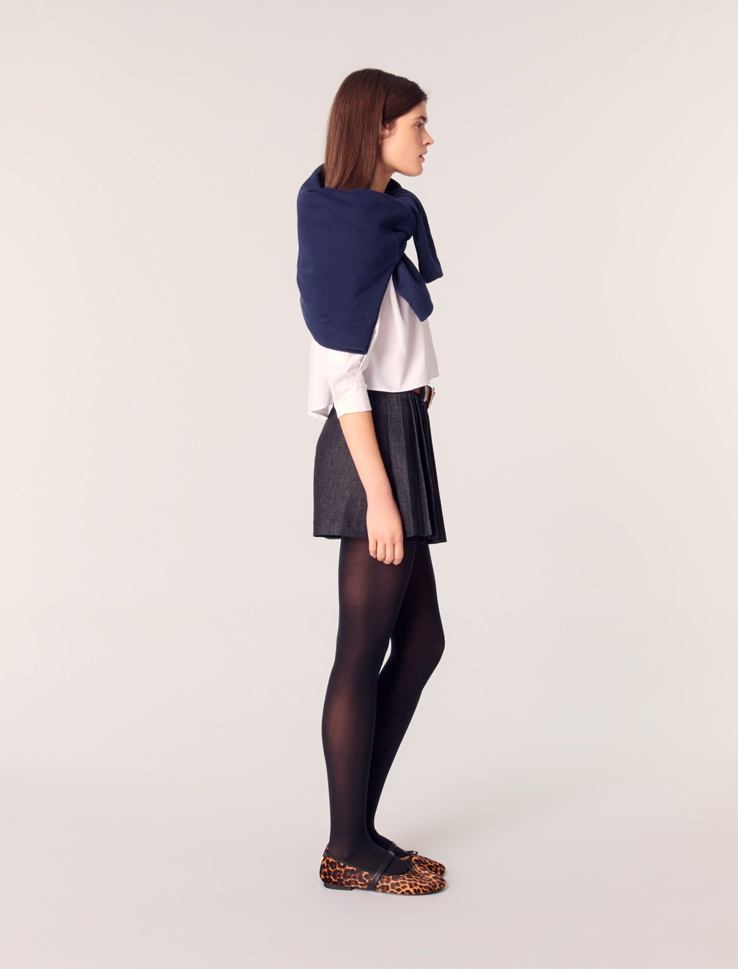 Layered-effect pleated denim shorts