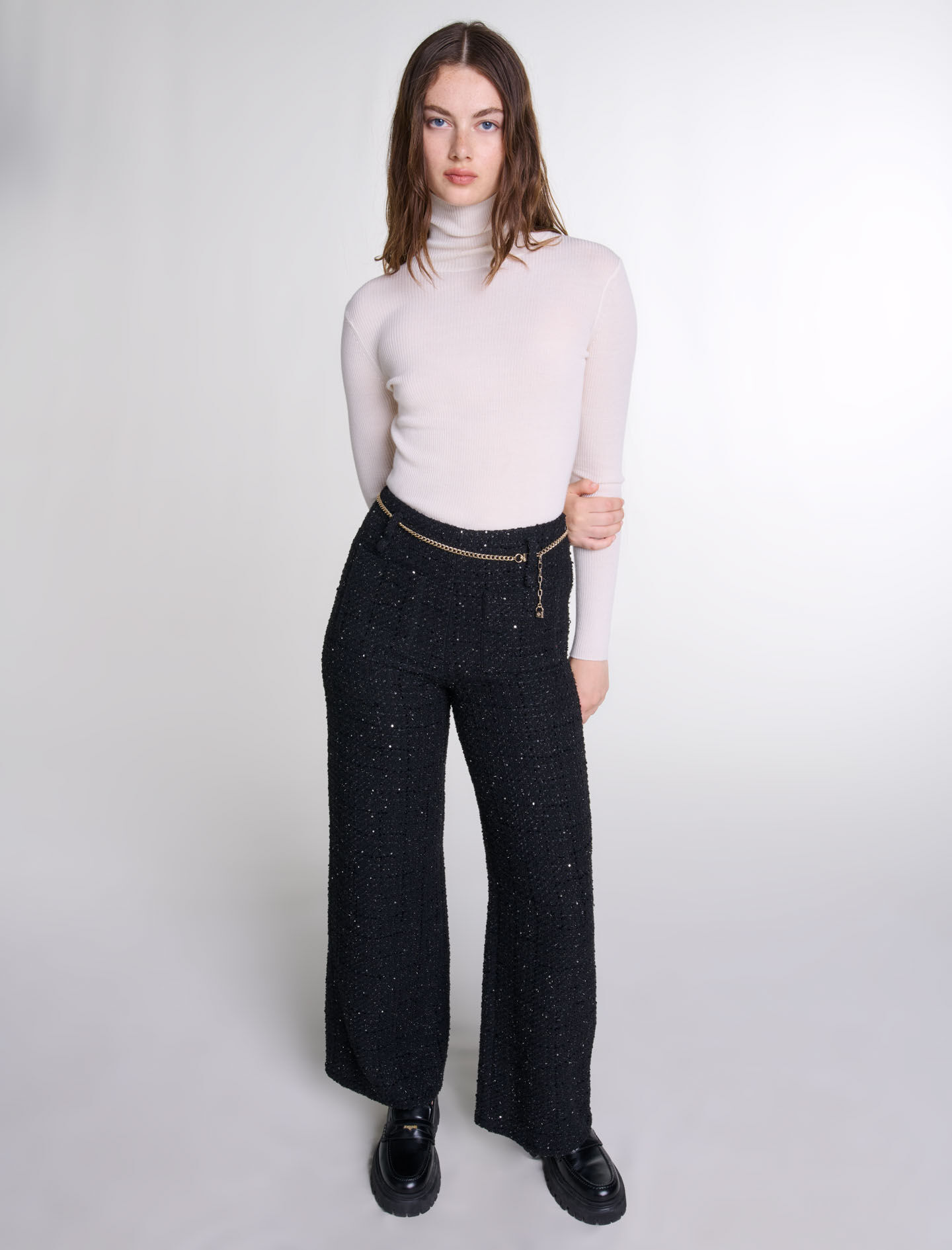 Sequinned tweed trousers