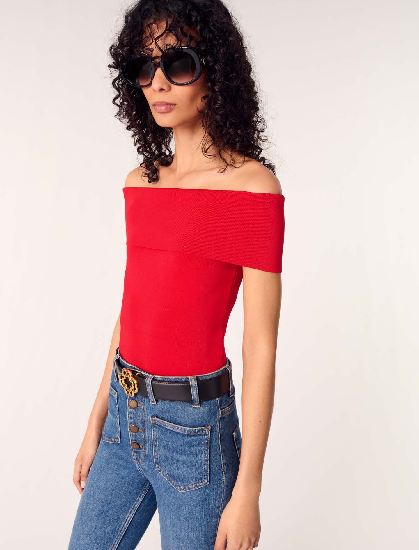 Rib knit bardot-neck top