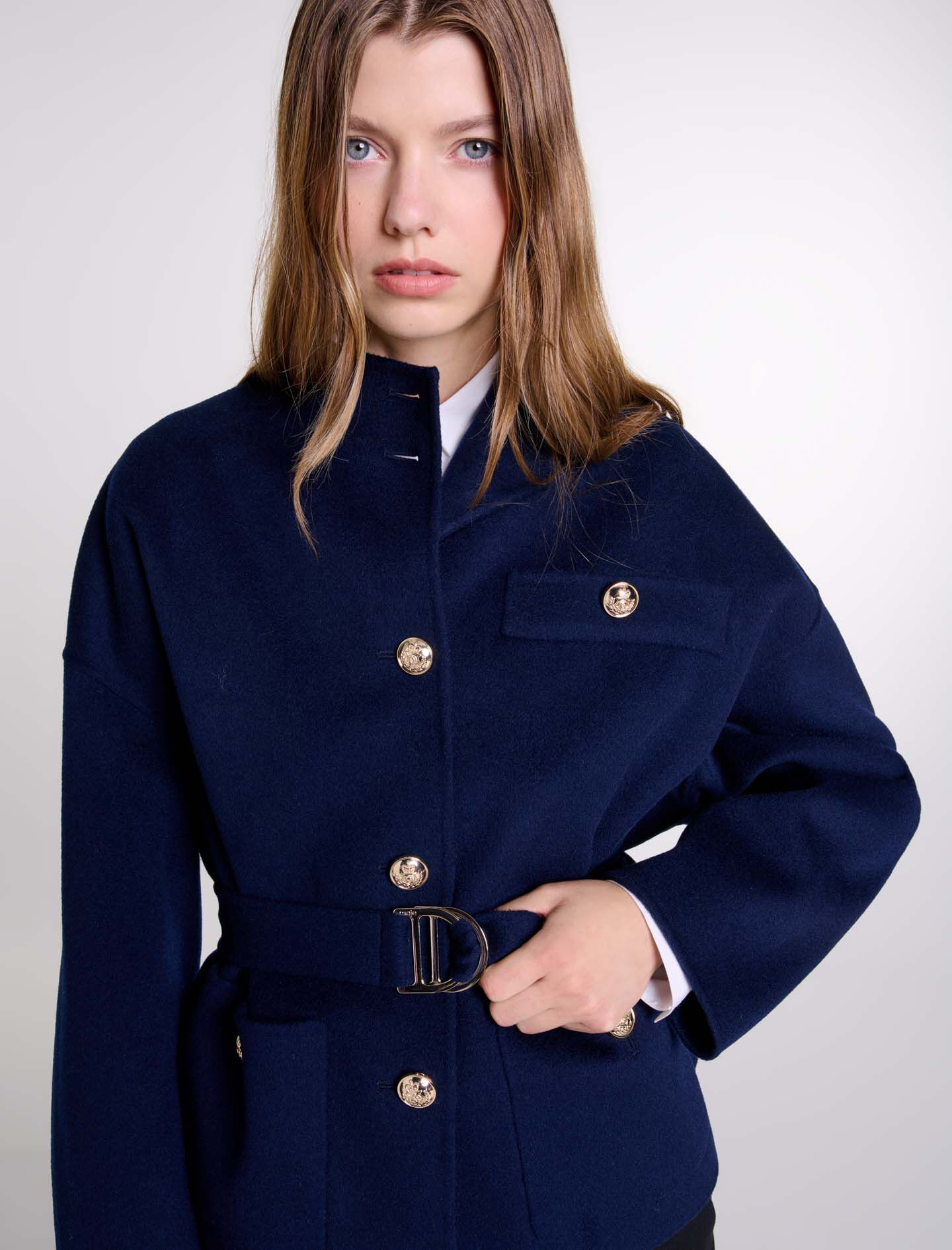 Belted short wool coat