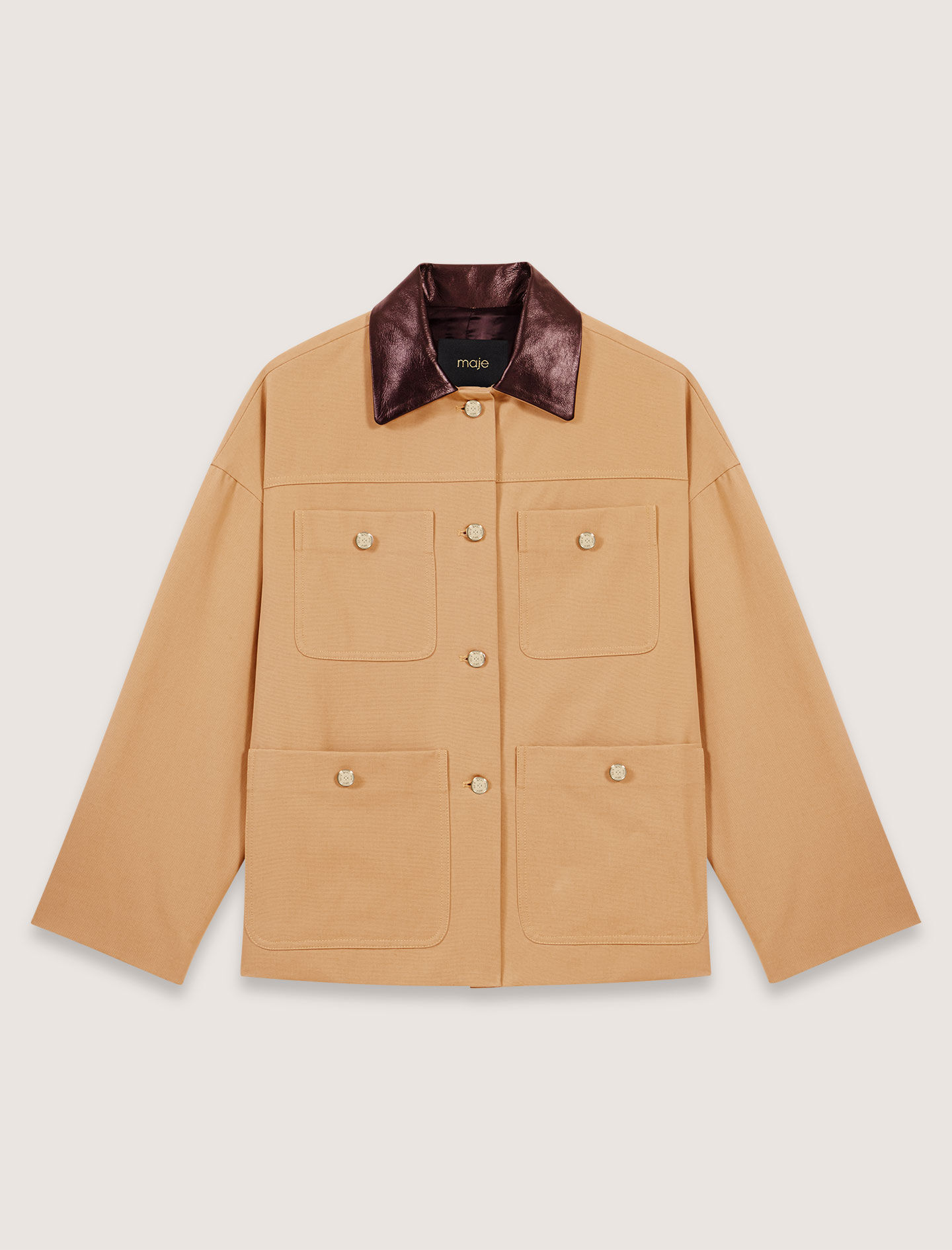 Cotton coat with leather collar