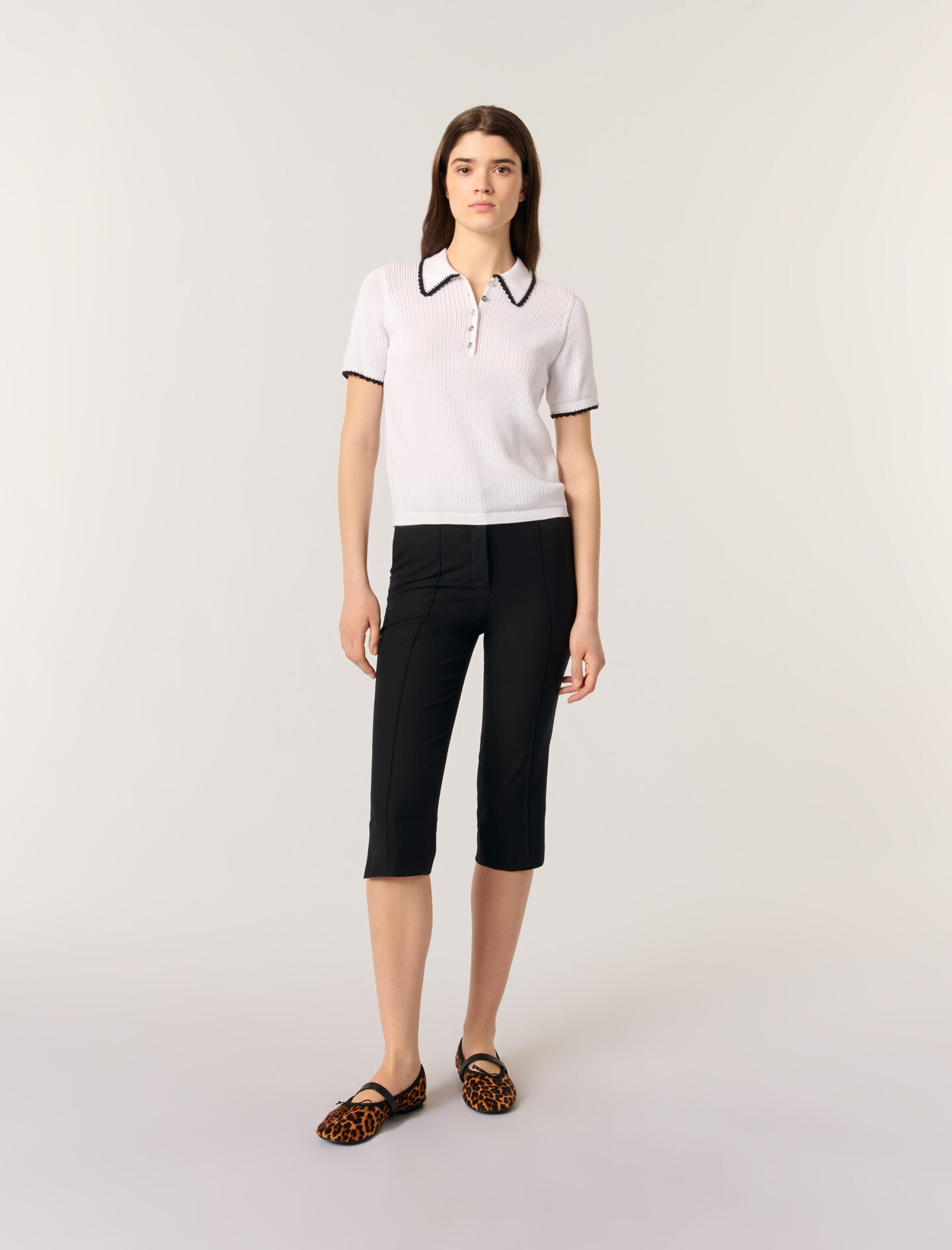 Pointelle knit crochet polo shirt