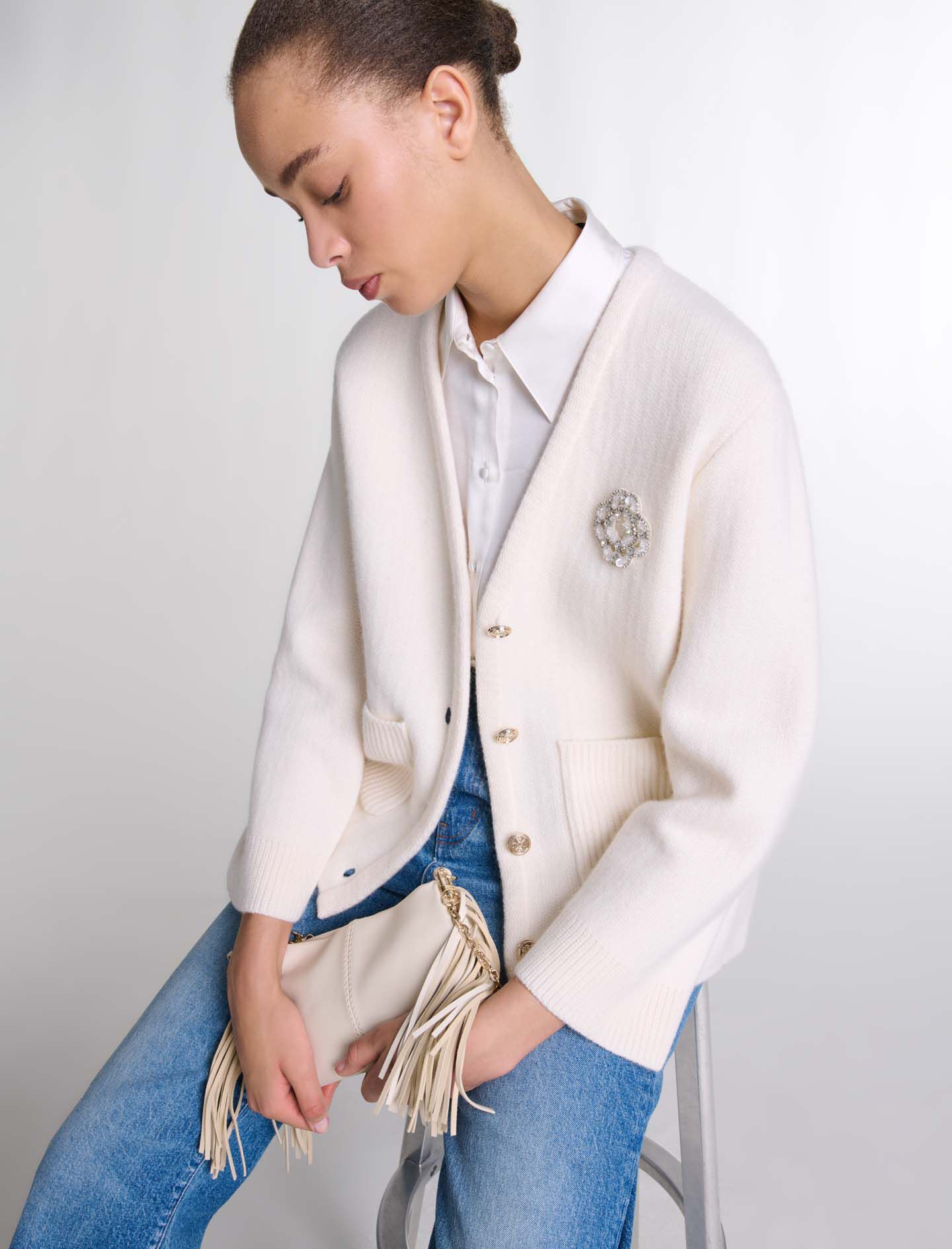 Knit cardie with rhinestone Clover