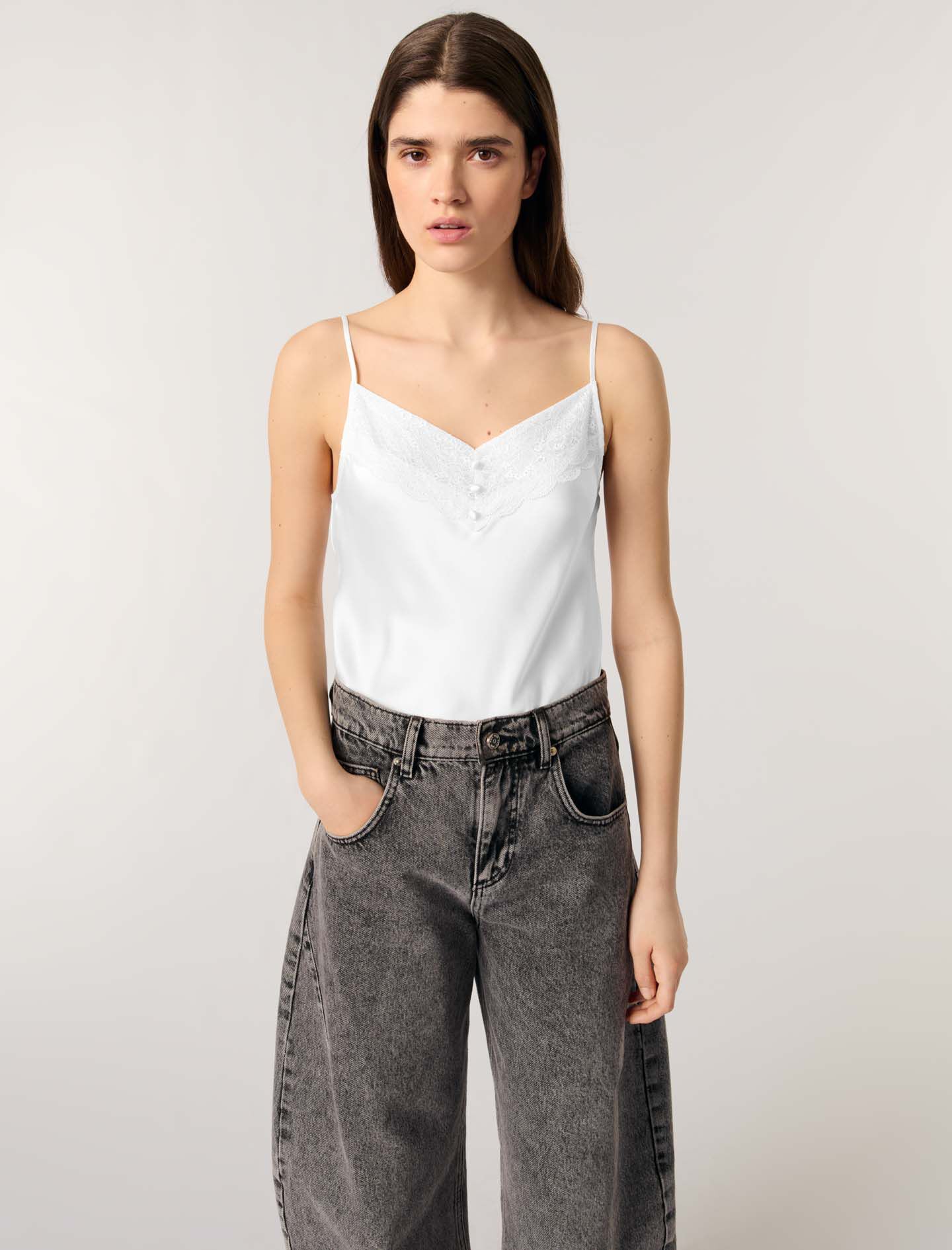 Silk satin and lace top