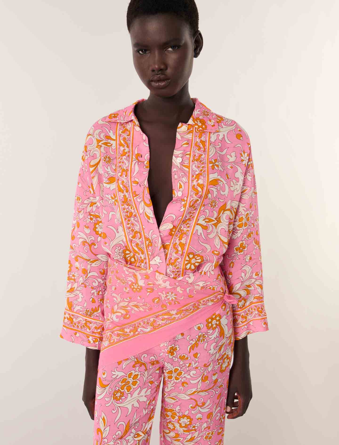 Patterned flowing linen shirt