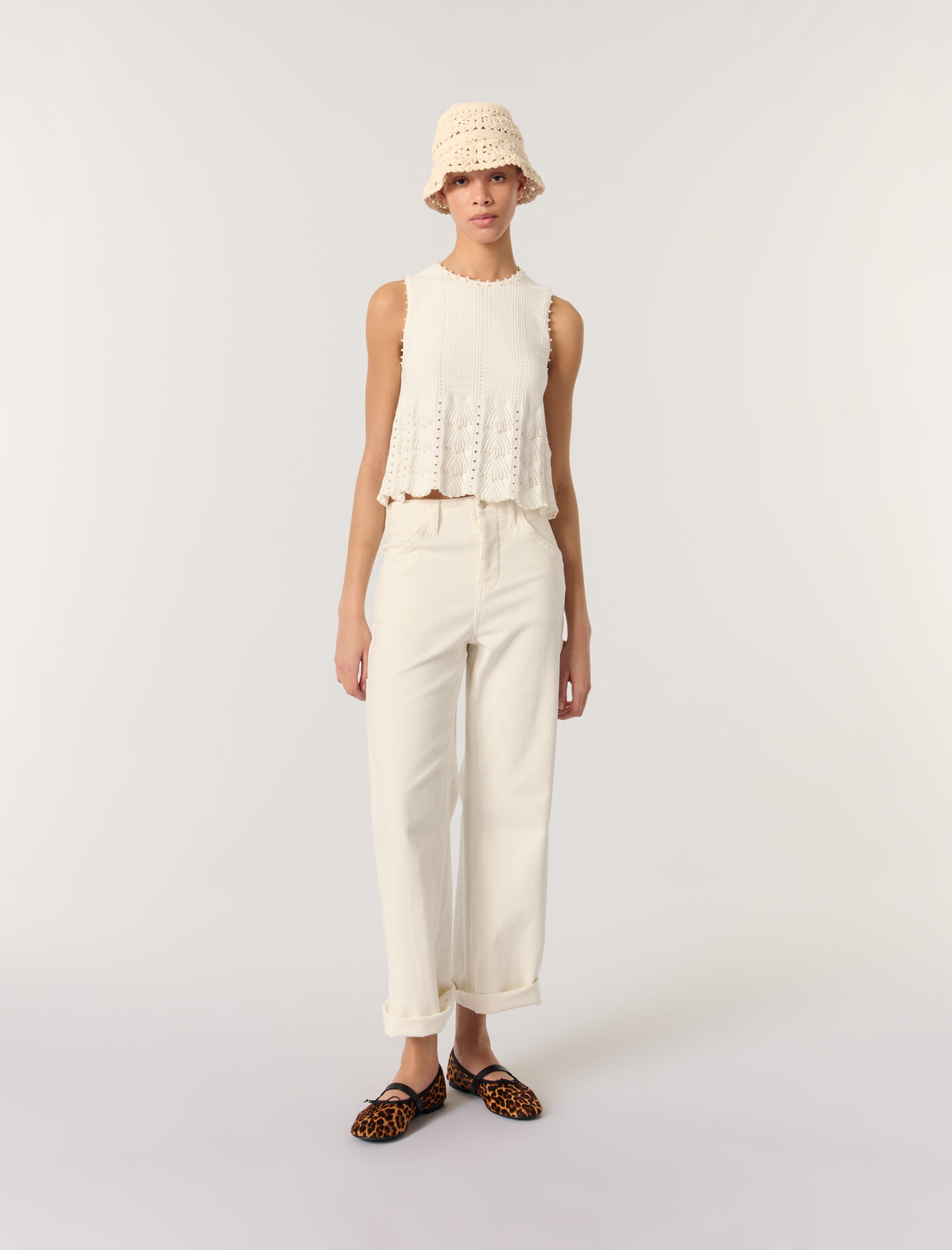 Beaded pointelle knit top