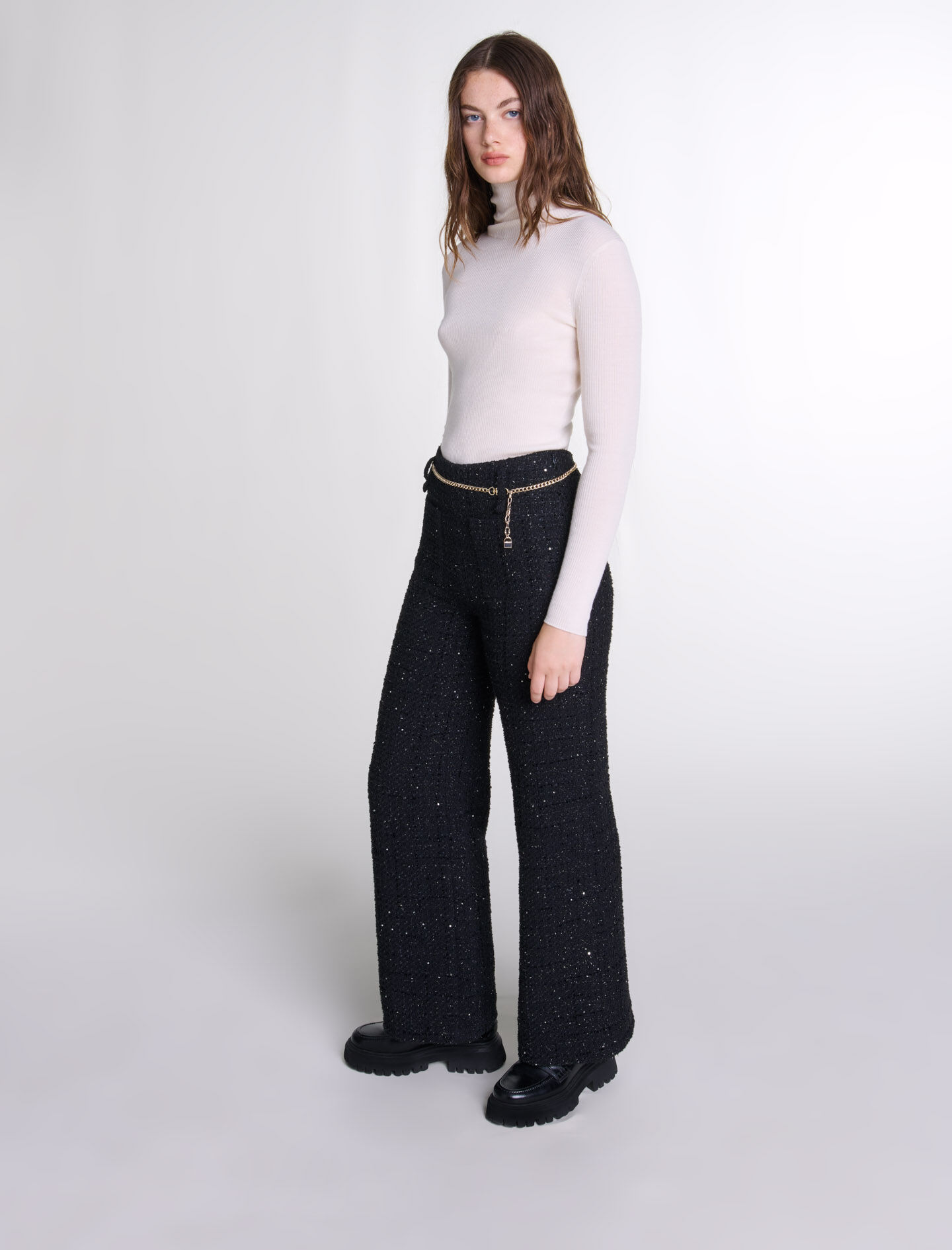 Sequinned tweed trousers