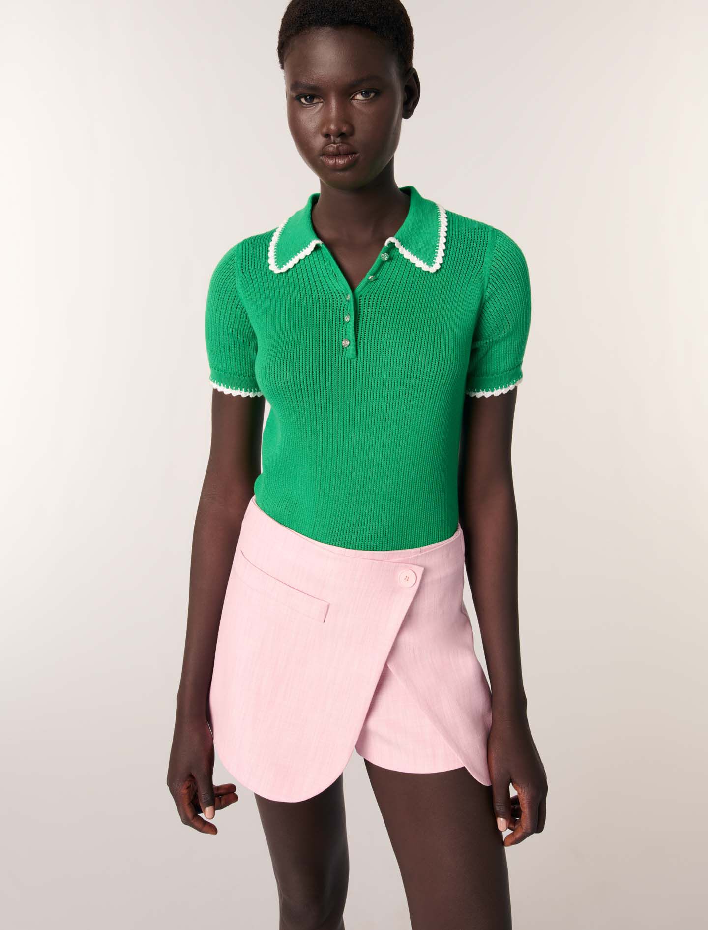 Pointelle knit crochet polo shirt