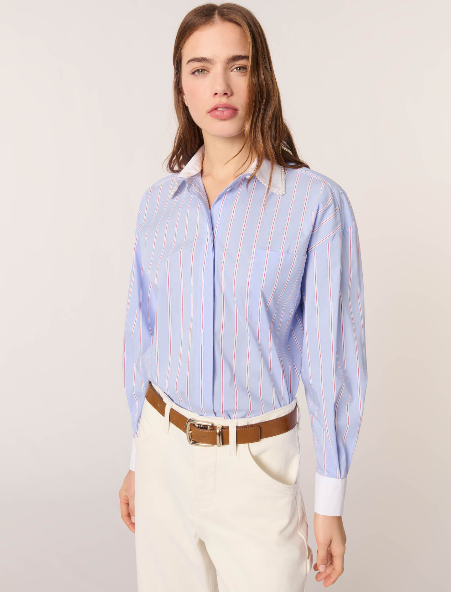 Striped shirt with beaded collar