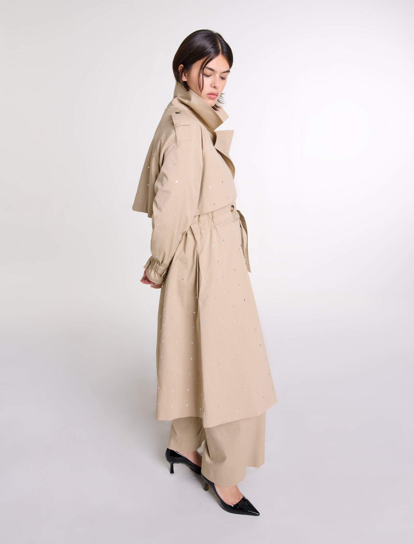 Studded elastic waist trench coat