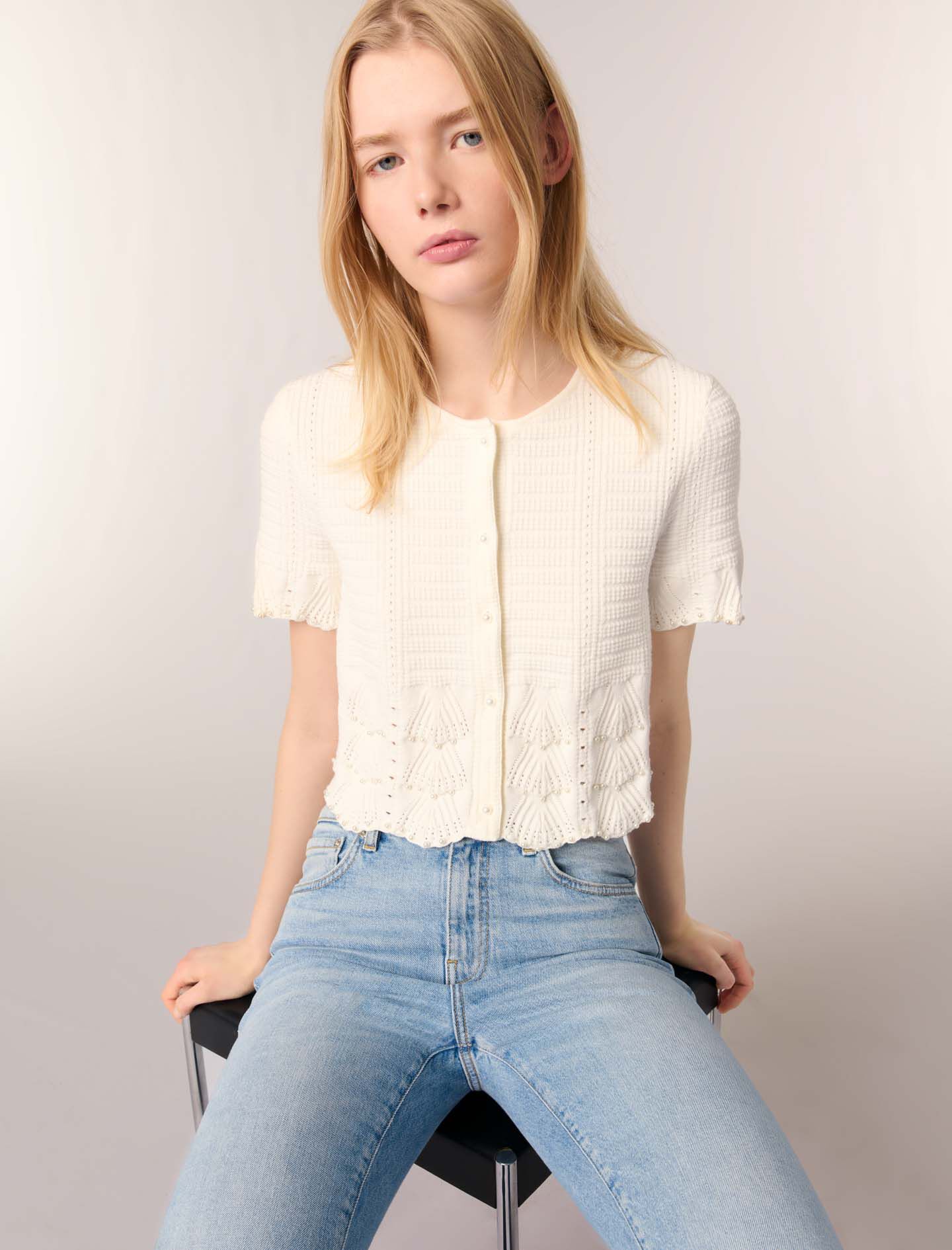 Beaded pointelle knit cardigan