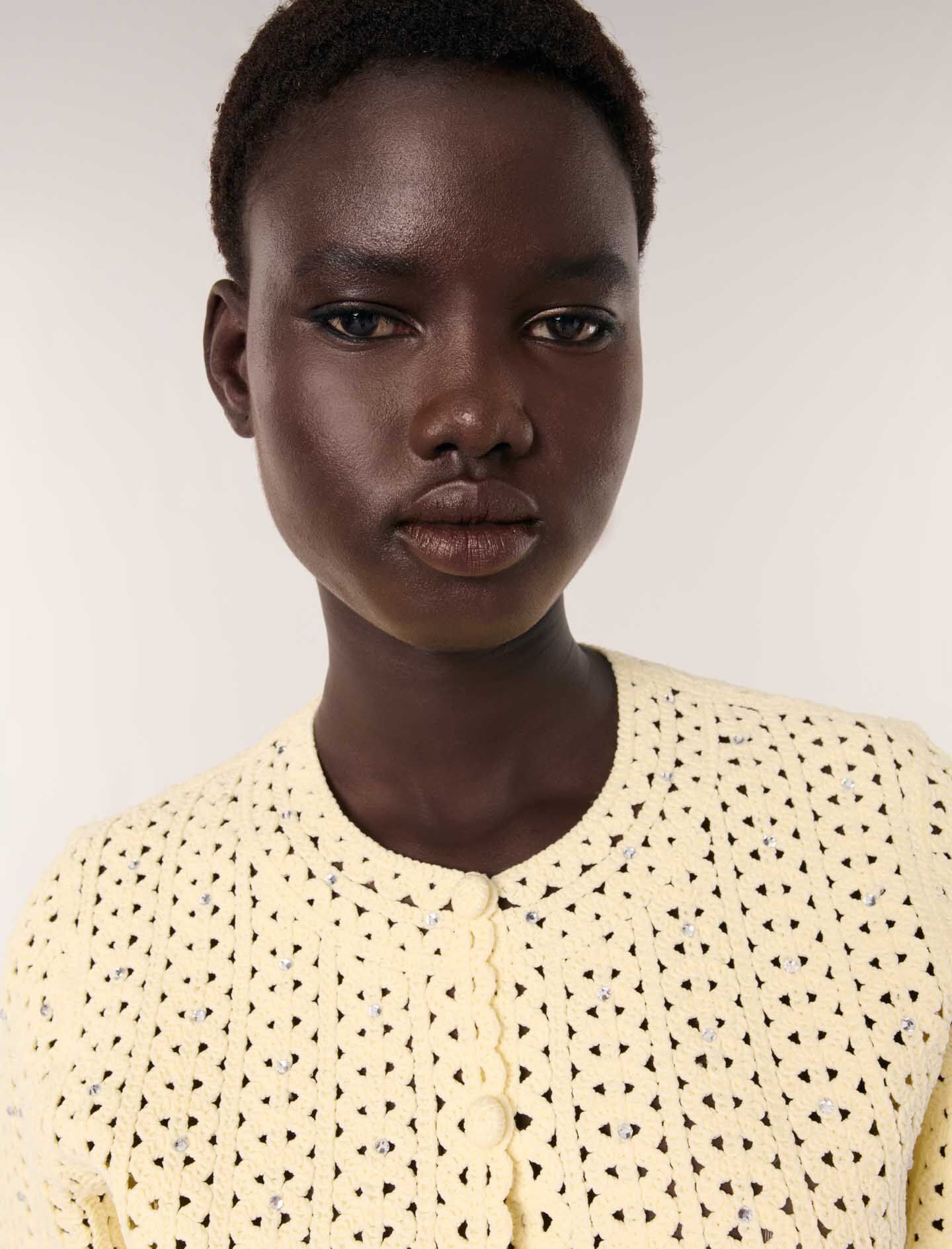 Cropped rhinestone crochet cardigan