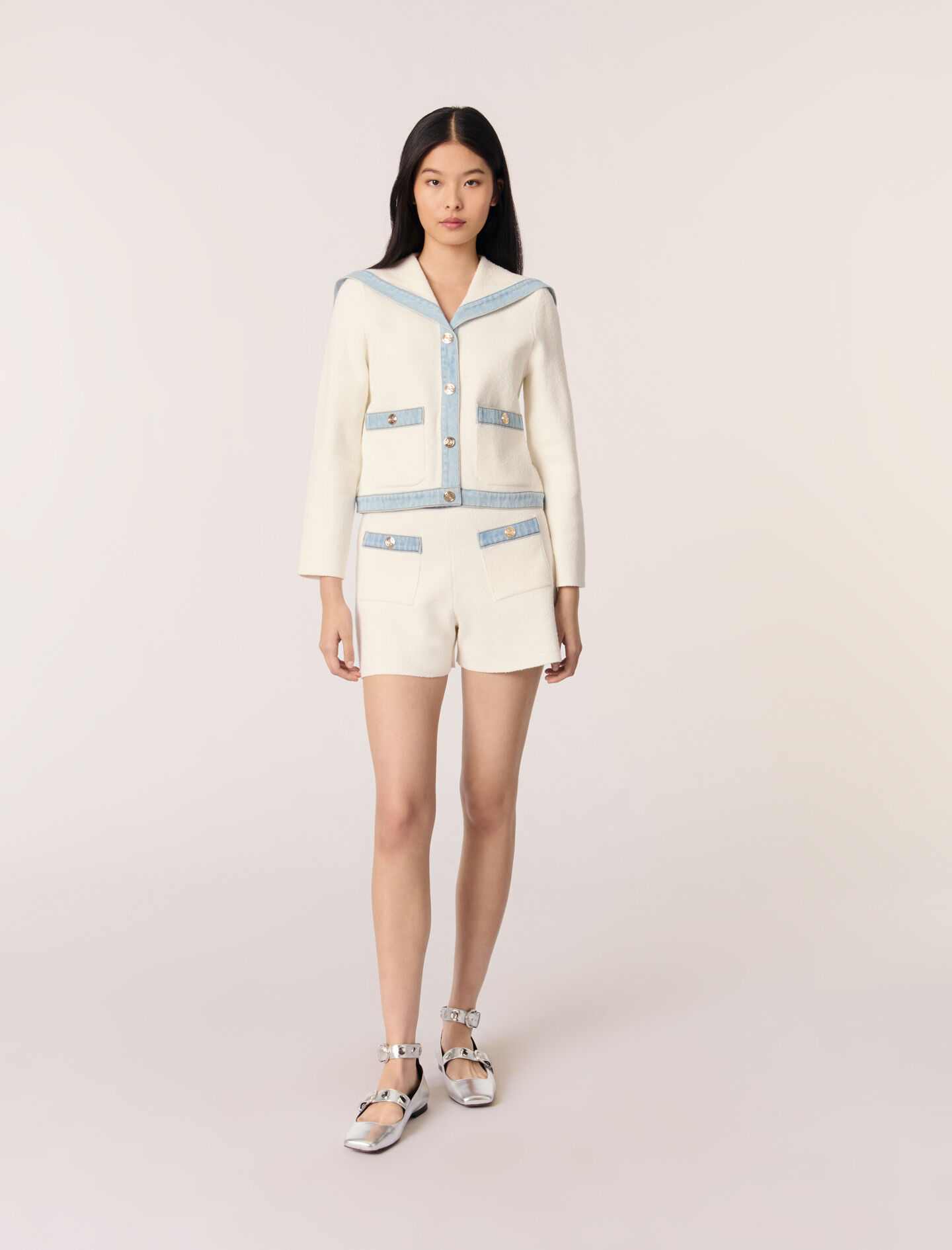 Crew-neck denim-detail cardigan