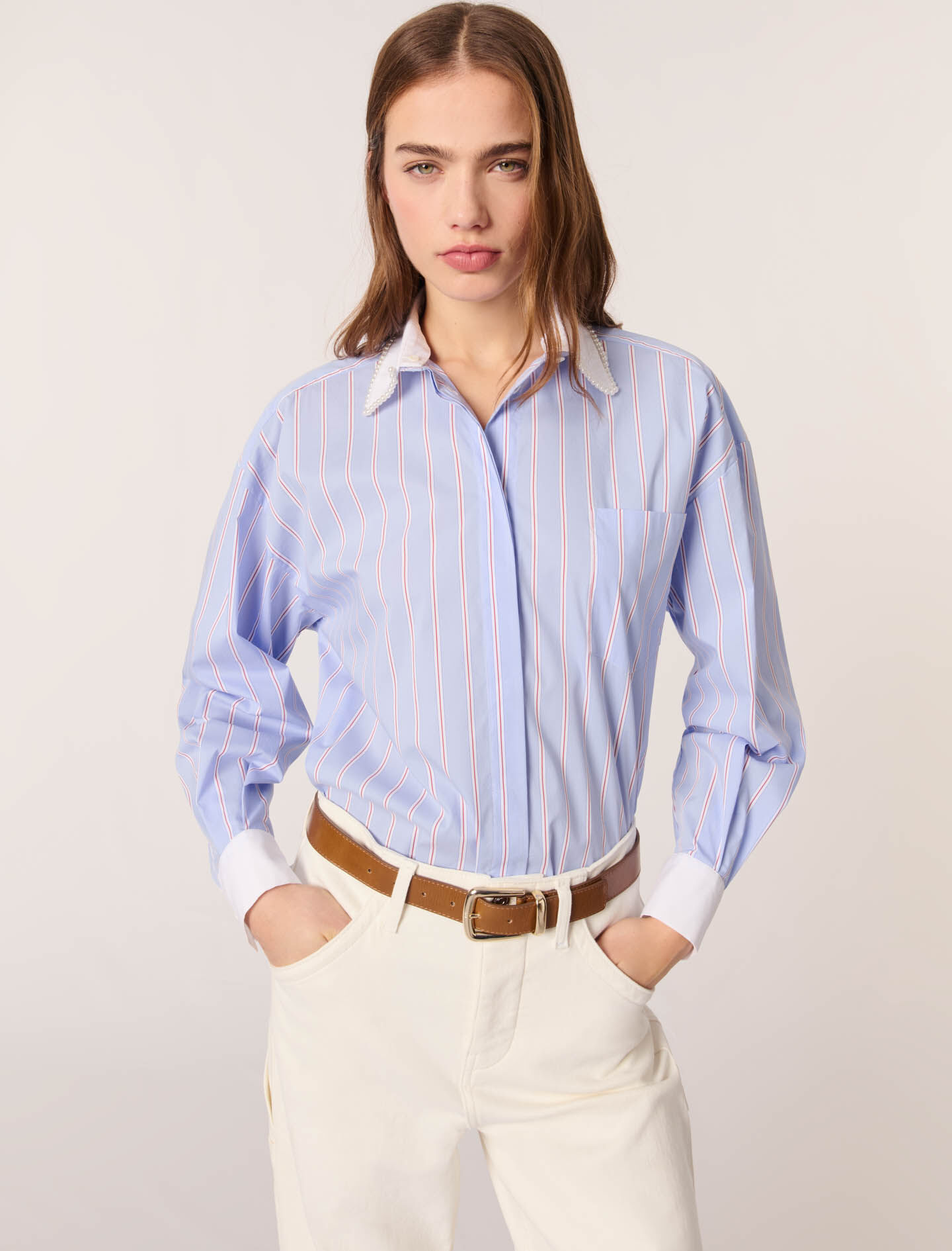 Striped shirt with beaded collar