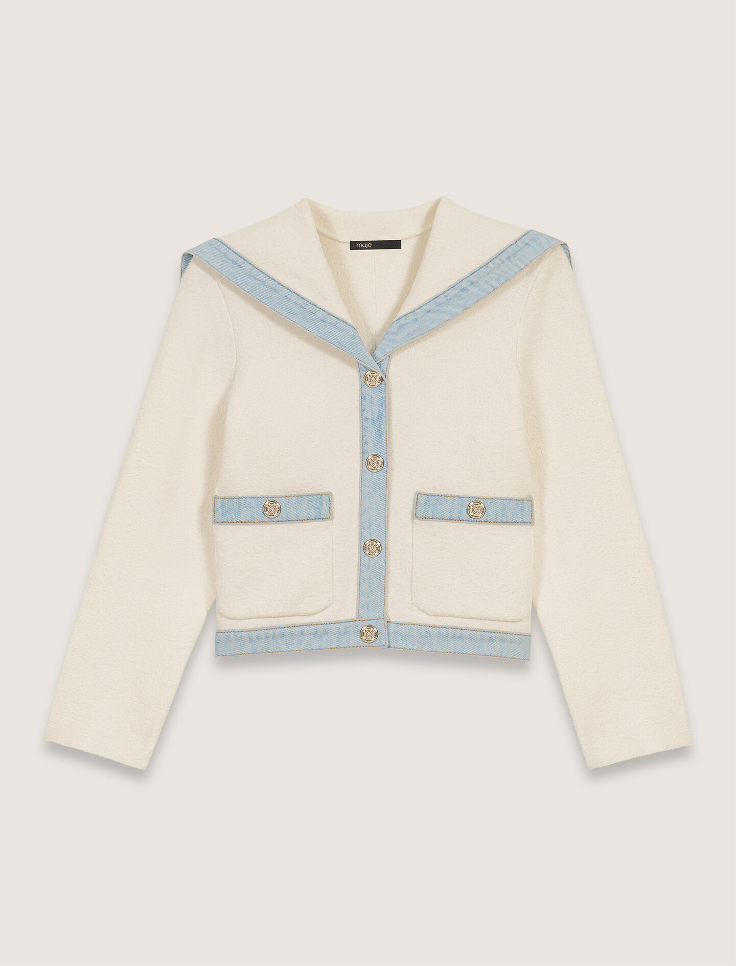 Crew-neck denim-detail cardigan