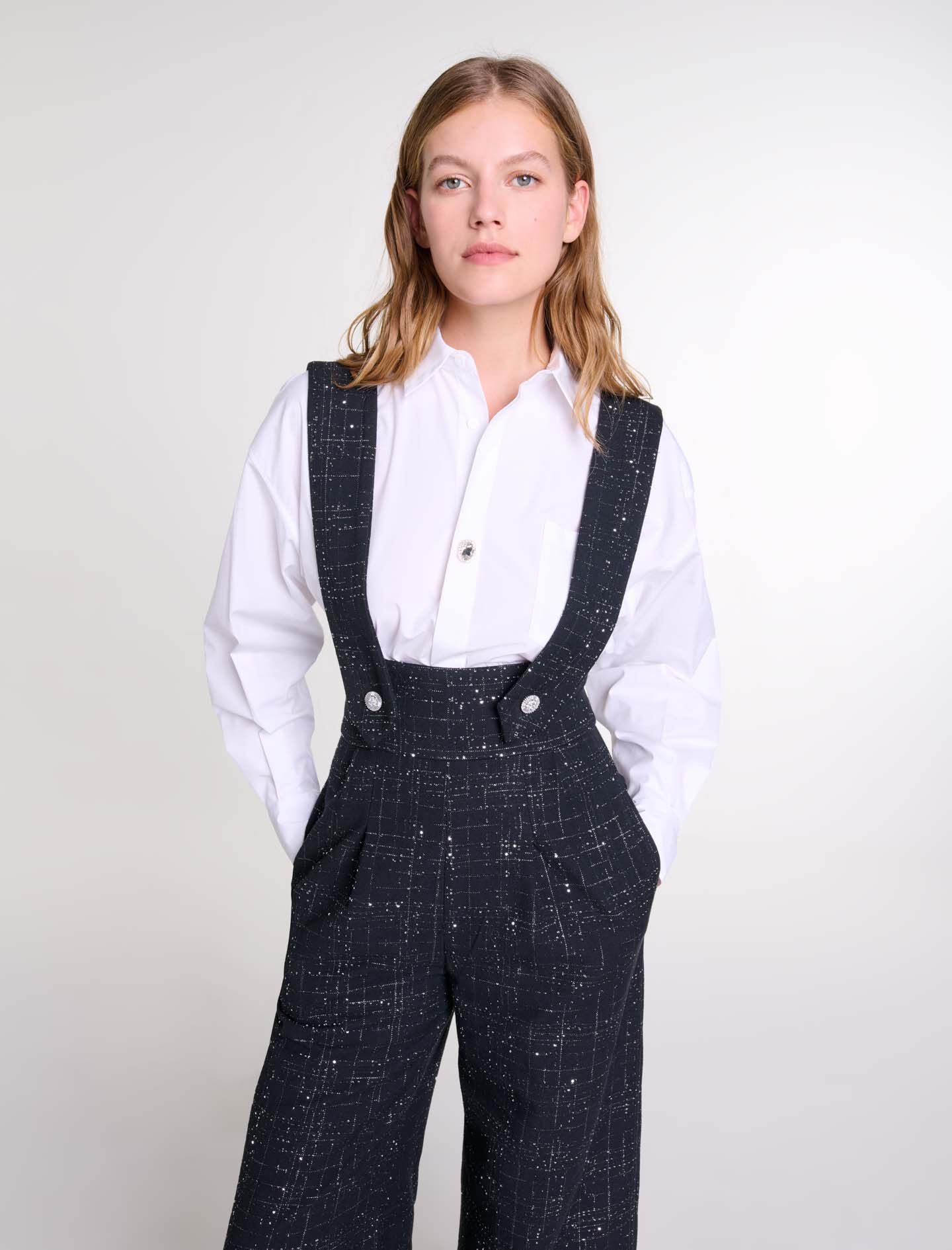Wide-leg trousers with tweed braces