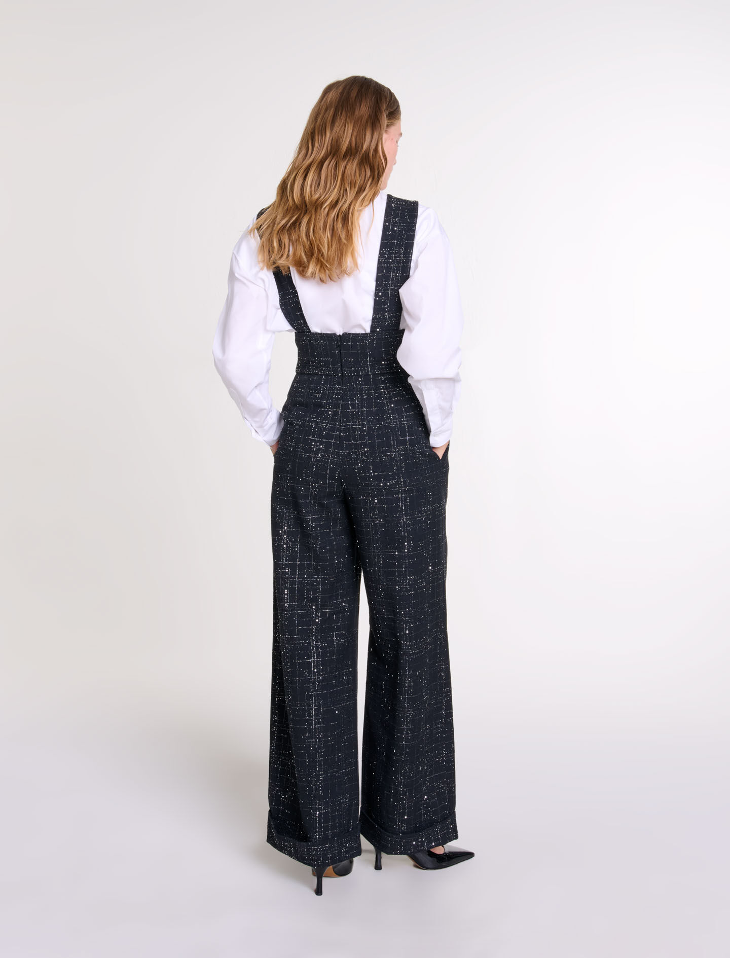 Wide-leg trousers with tweed braces