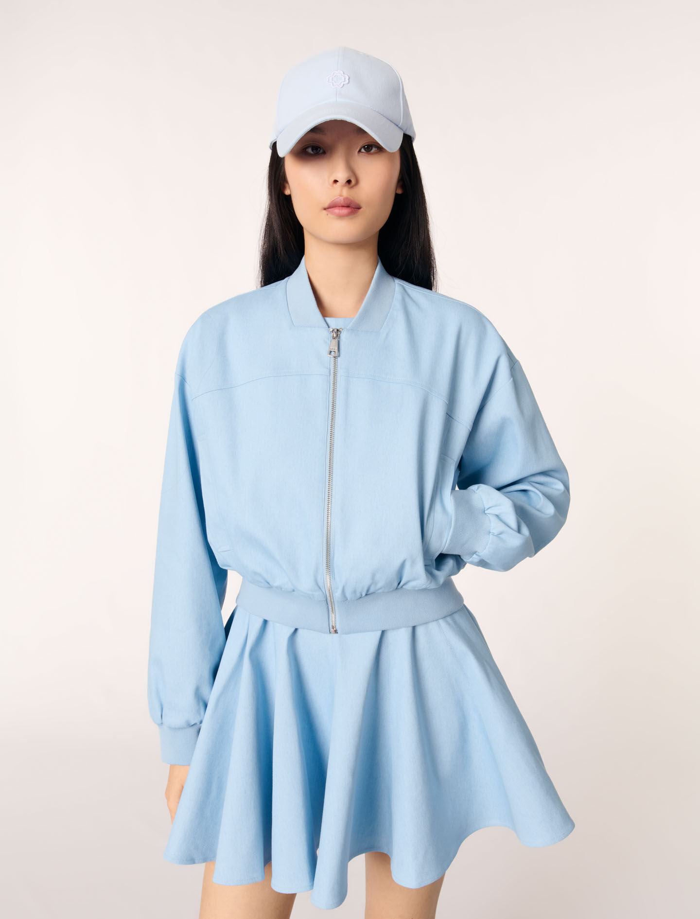 Cropped denim bomber jacket