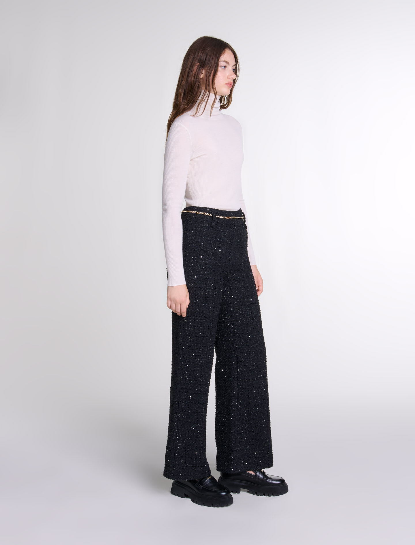 Sequinned tweed trousers