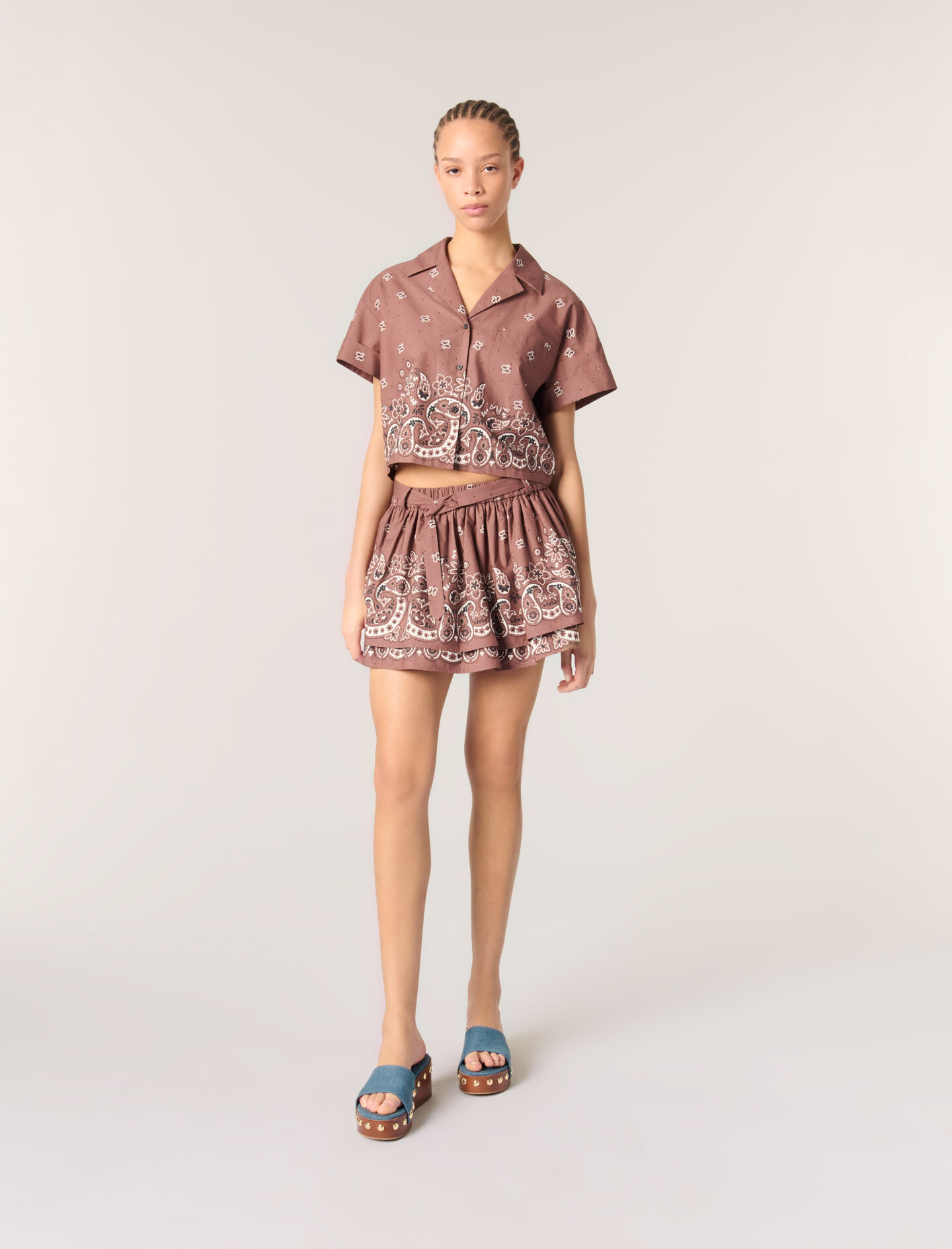 Patterned rhinestone cropped shirt