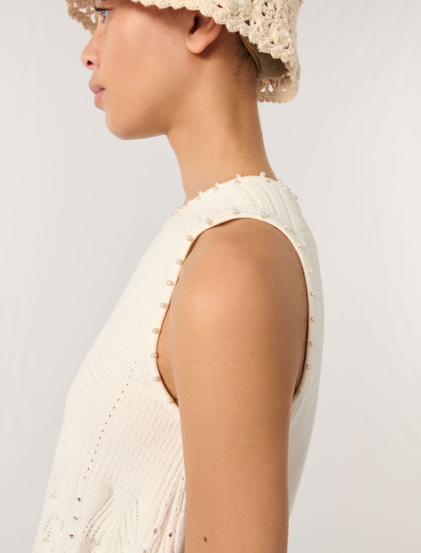 Beaded pointelle knit top