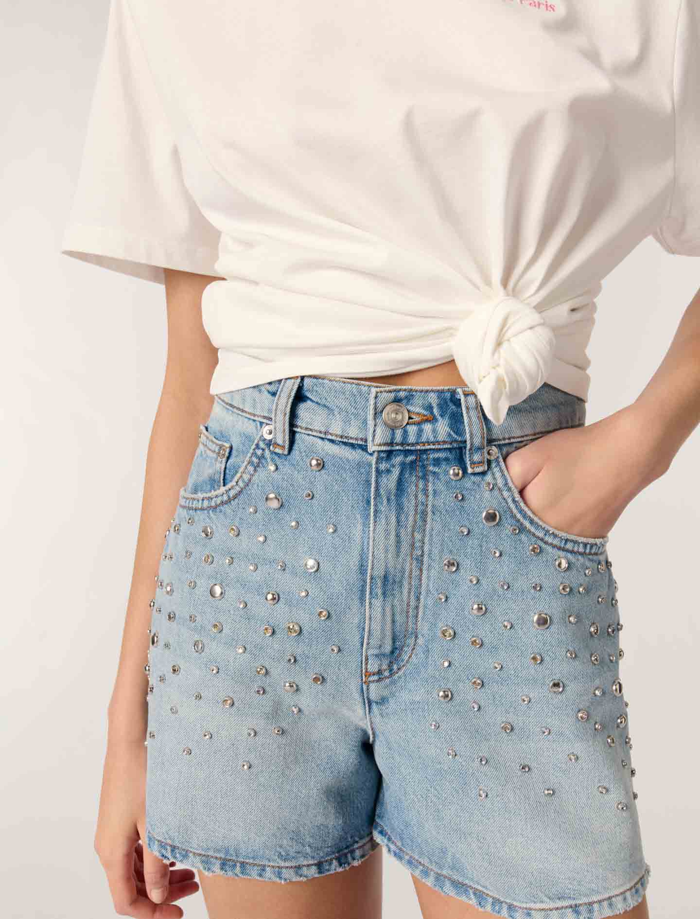 Studded denim shorts