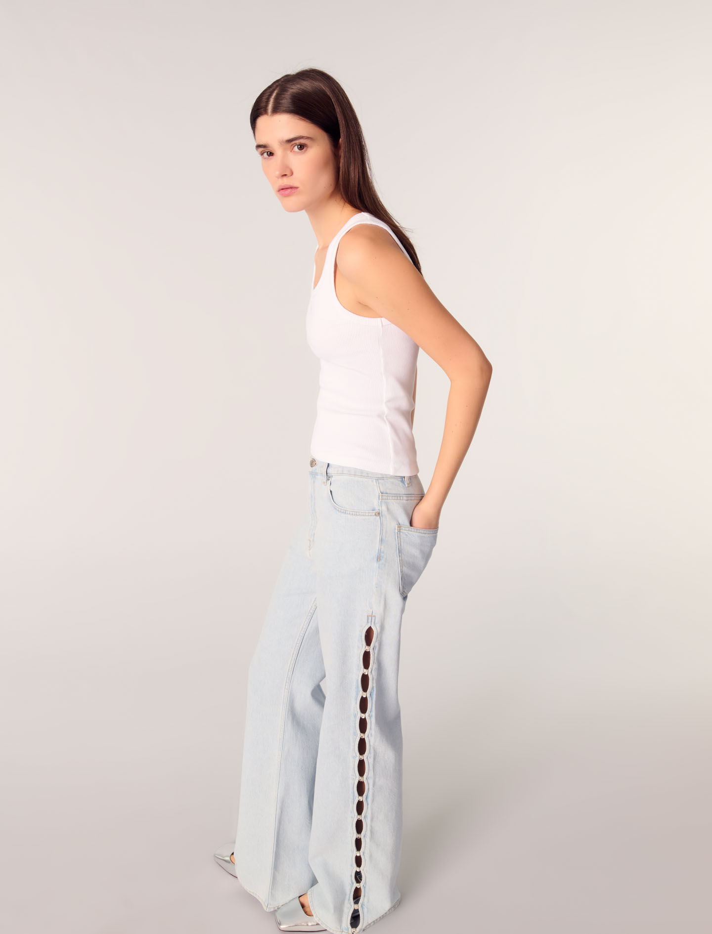 Wide-leg rhinestone cutaway jeans