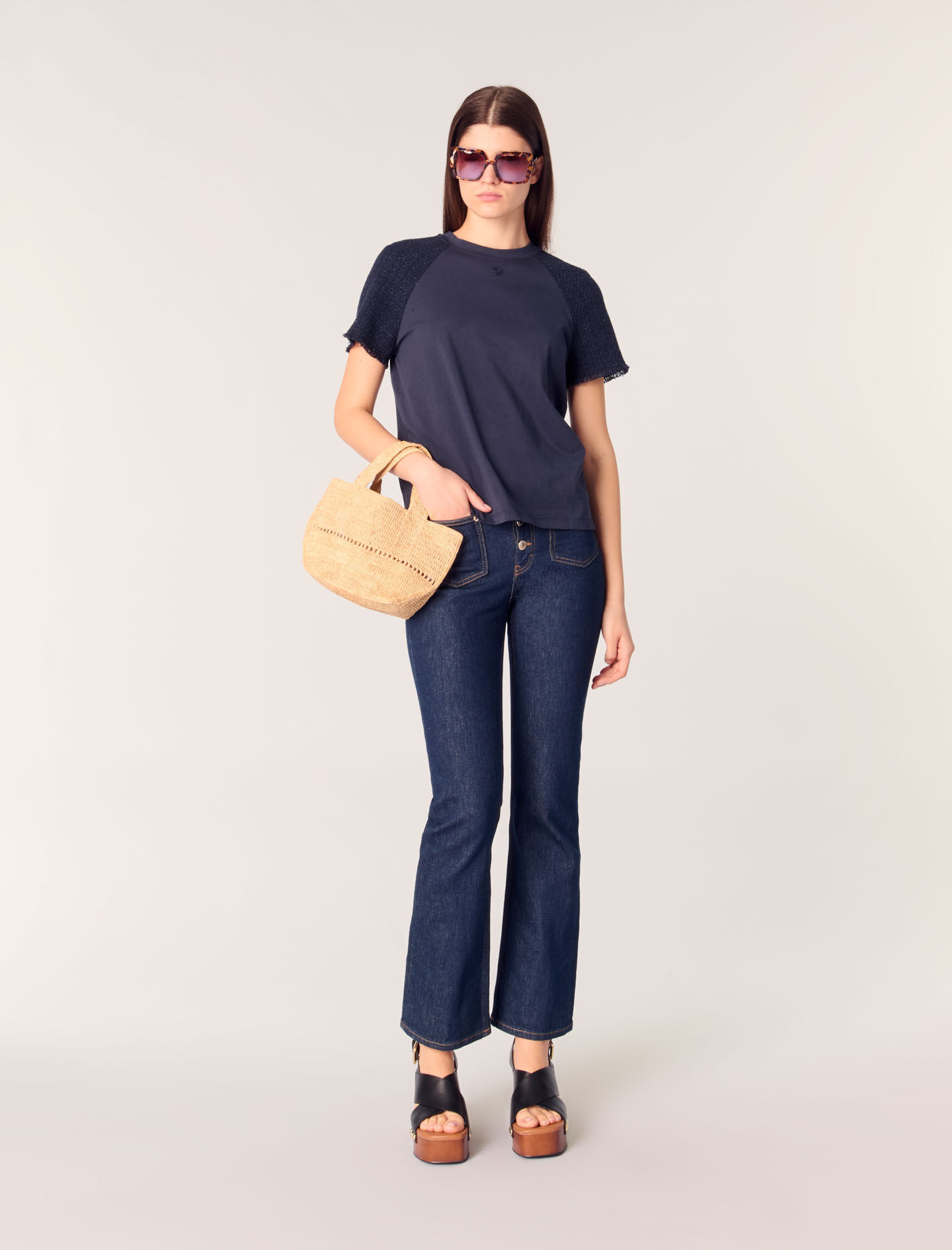 Tweed-sleeved T-shirt