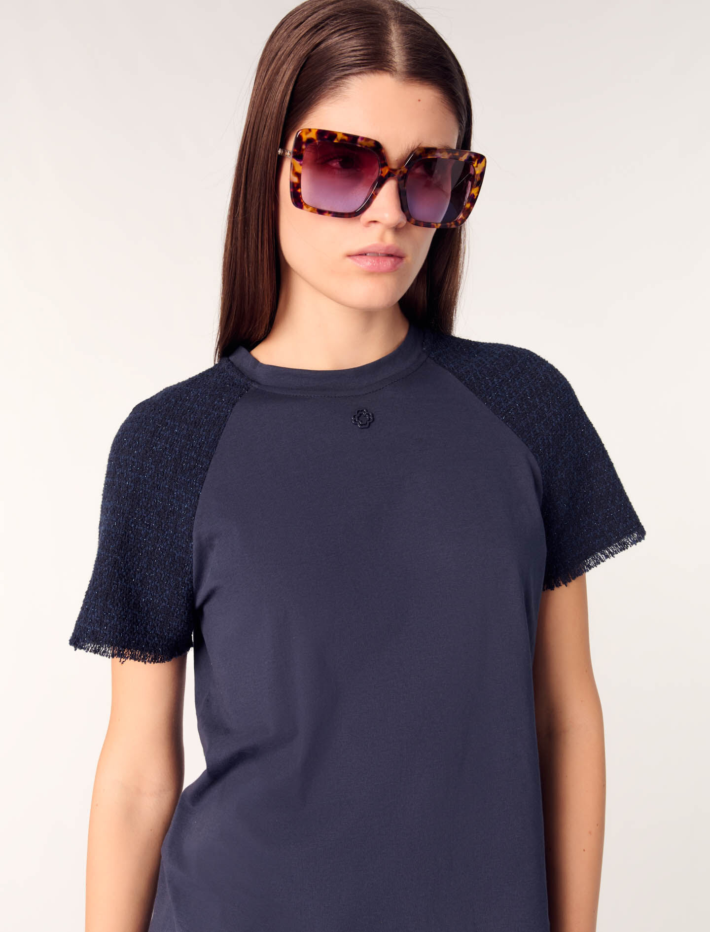 Tweed-sleeved T-shirt