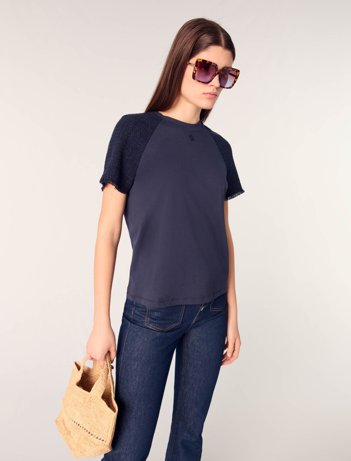 Tweed-sleeved T-shirt